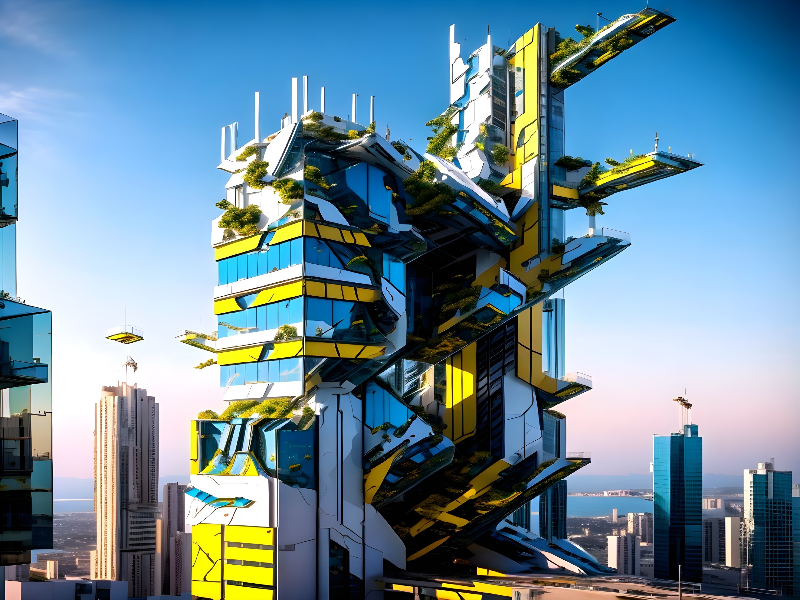 Futuristic Skyscraper with Angular Design and Greenery