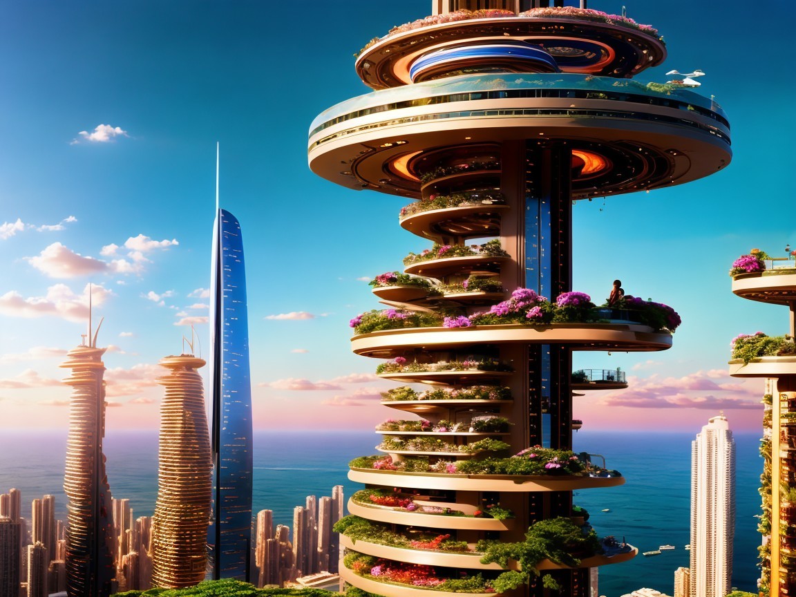 Futuristic cityscape with cylindrical building and balconies