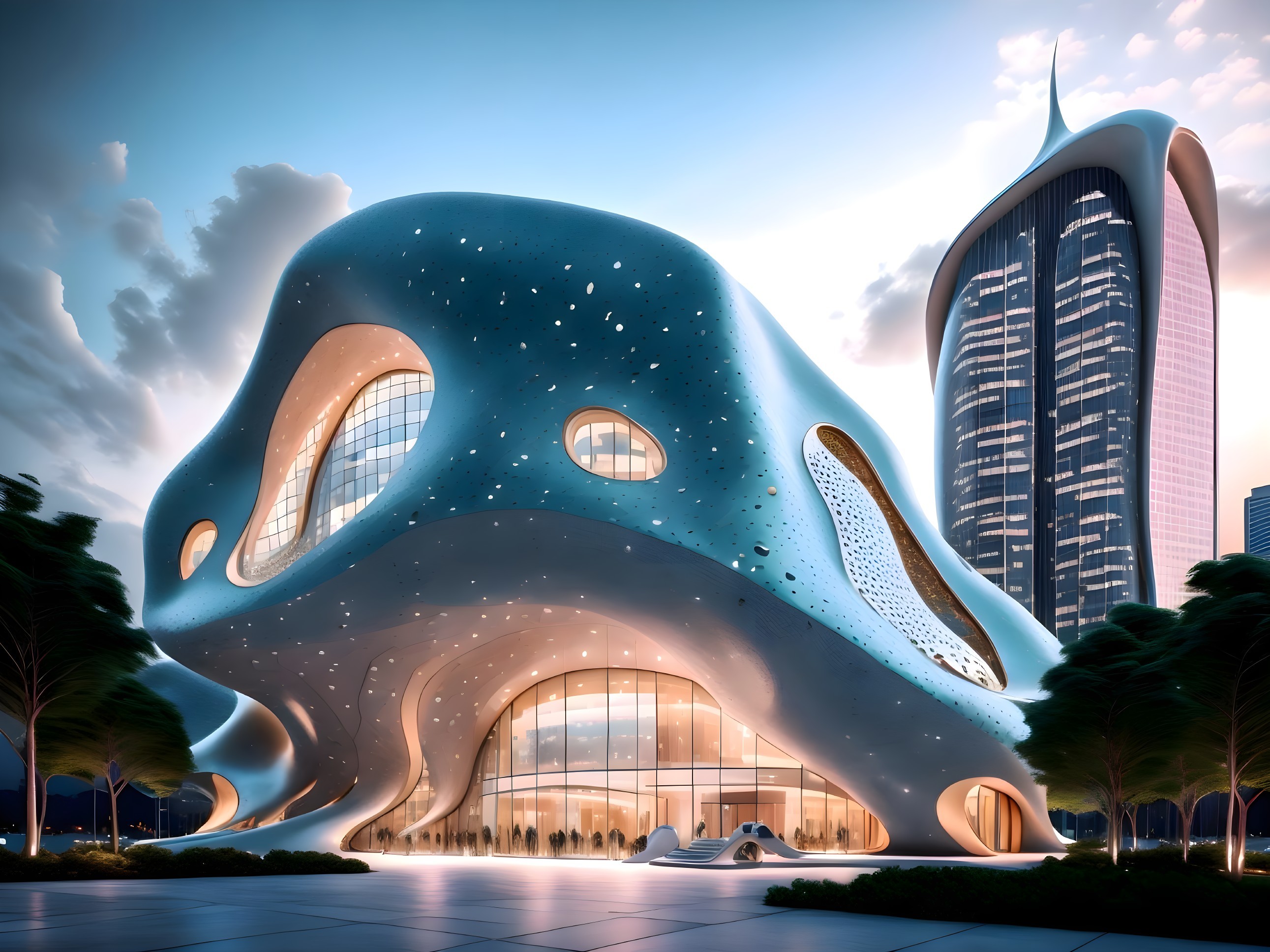 Futuristic Architecture with Fluid Shapes and Lighting