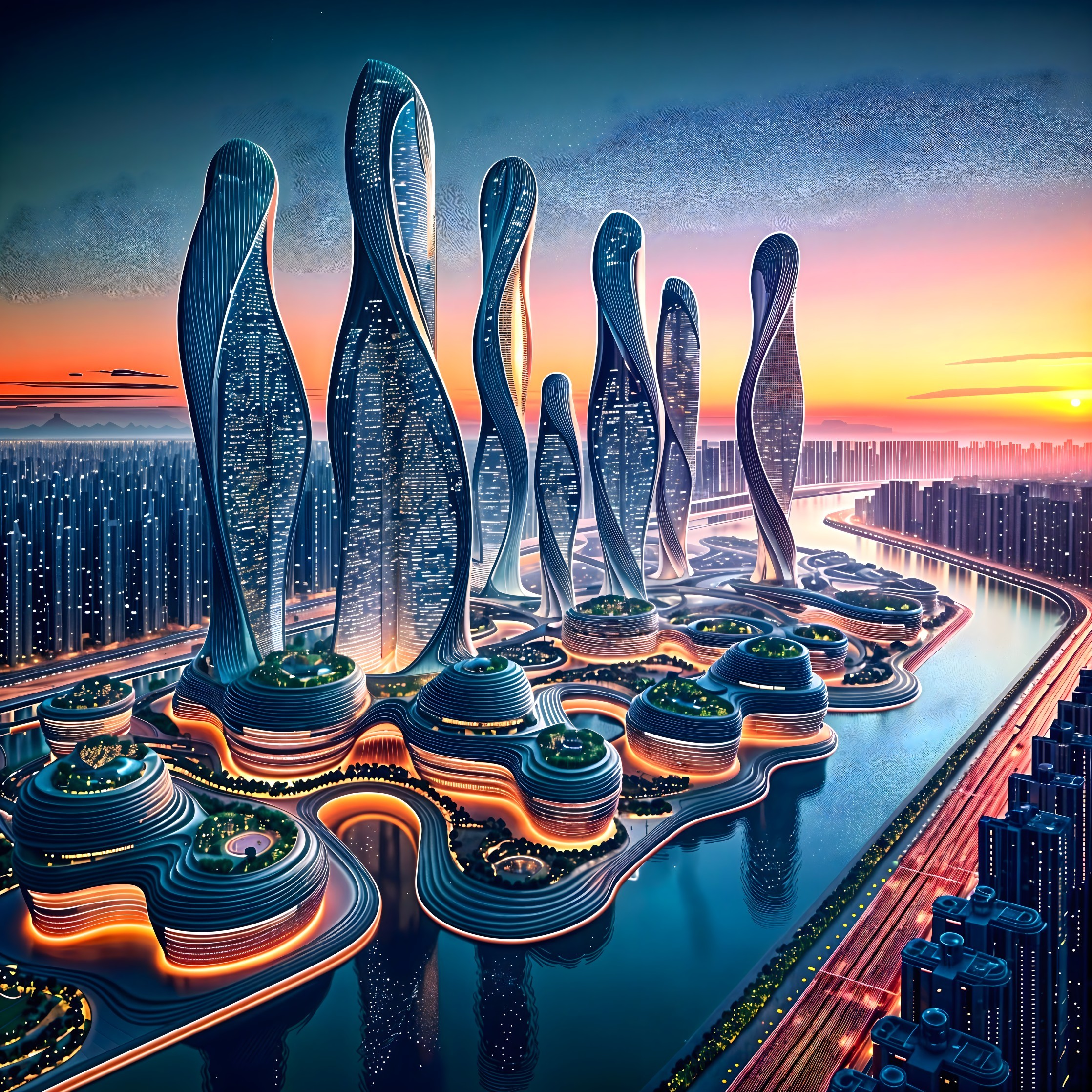 Futuristic cityscape with twisting skyscrapers at sunset