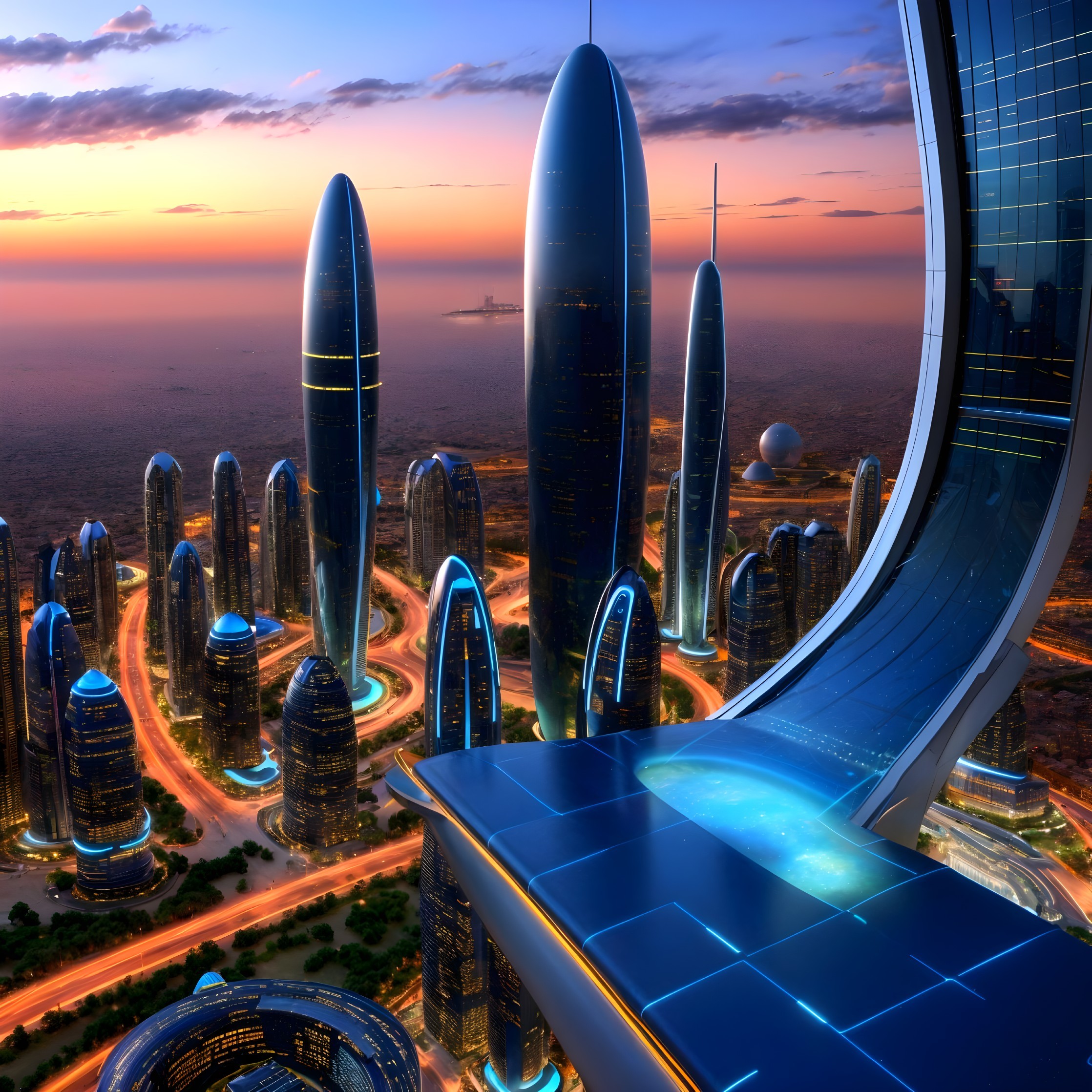 Futuristic cityscape at sunset with luminous buildings