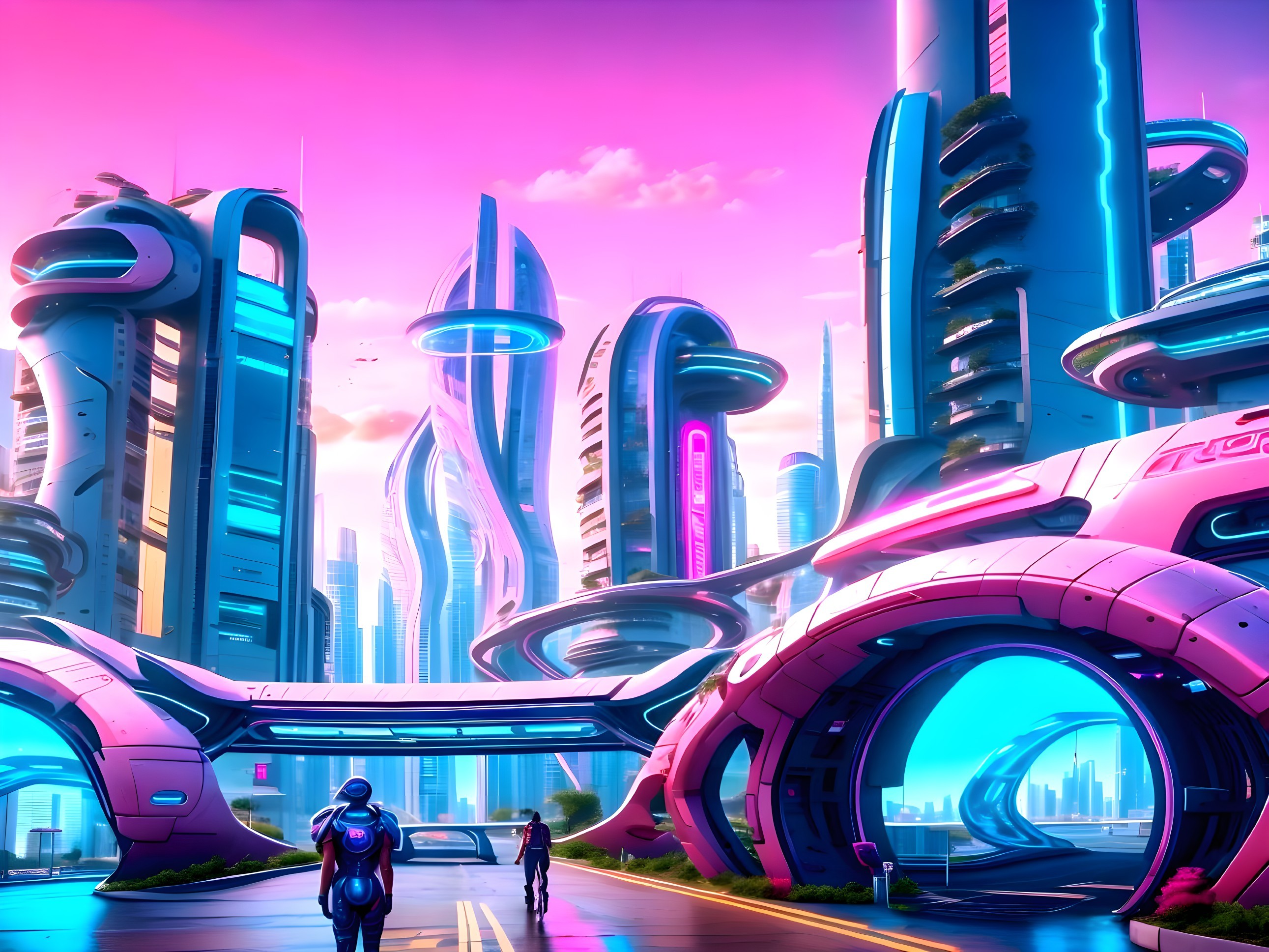 Futuristic cityscape with pink and blue hues