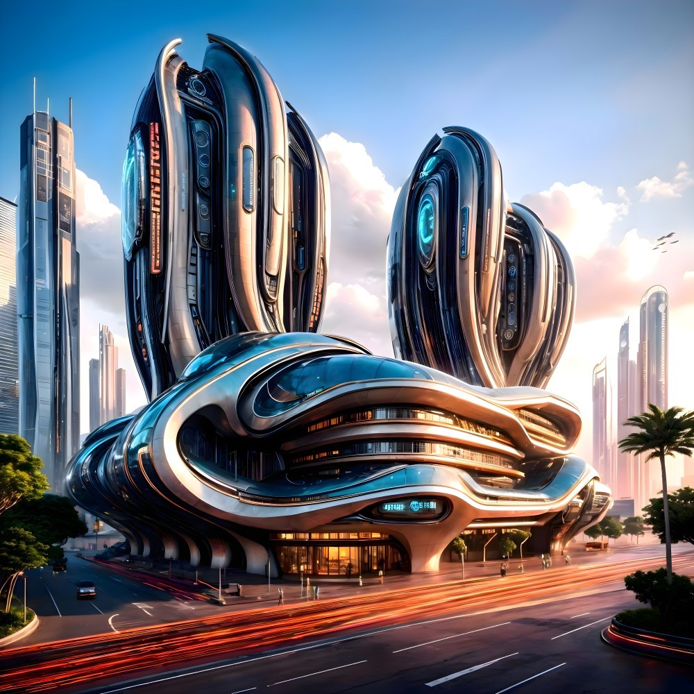 Futuristic Building with Organic Shapes and High-Tech Design