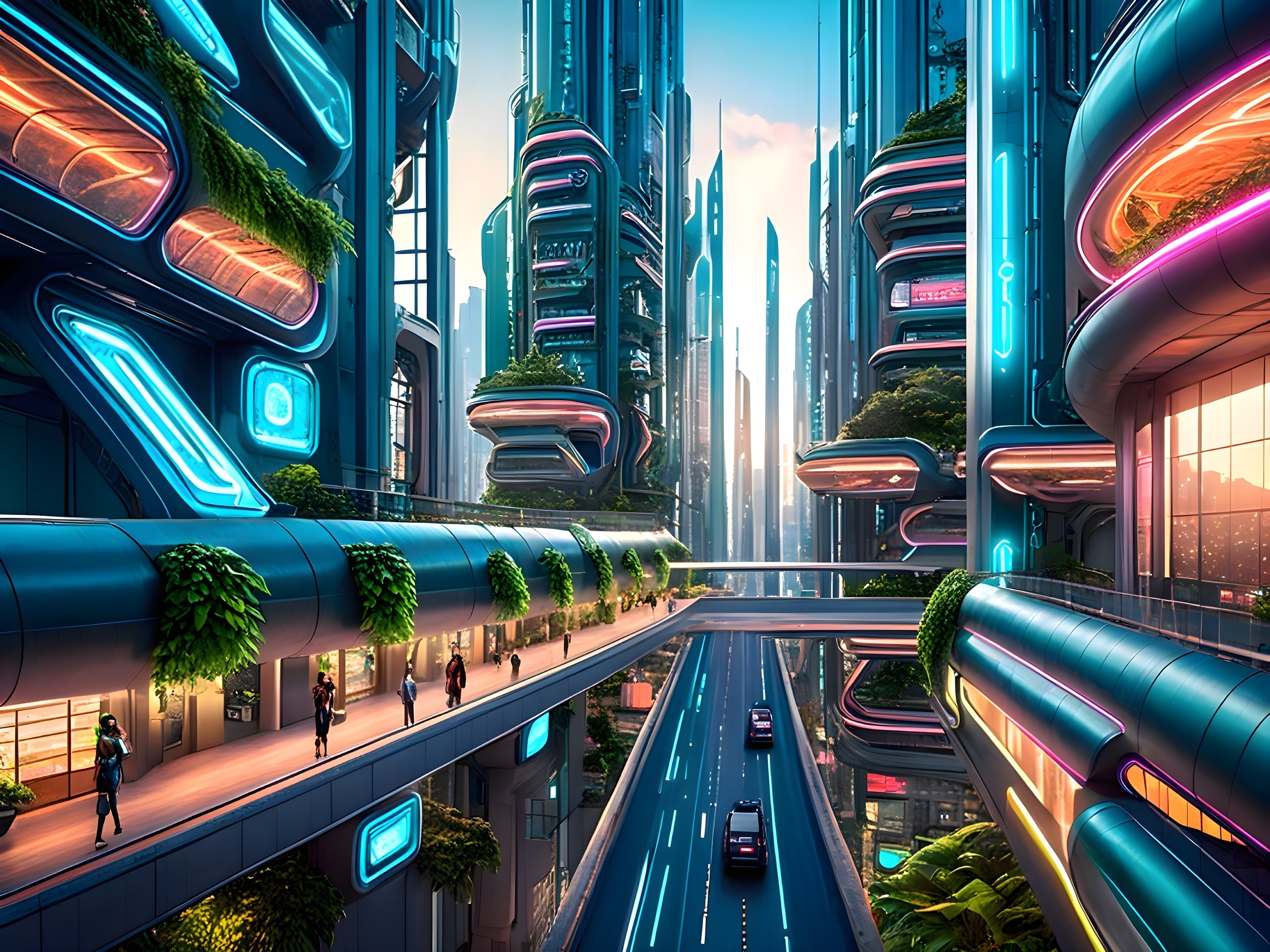 Futuristic cityscape with neon lights and greenery