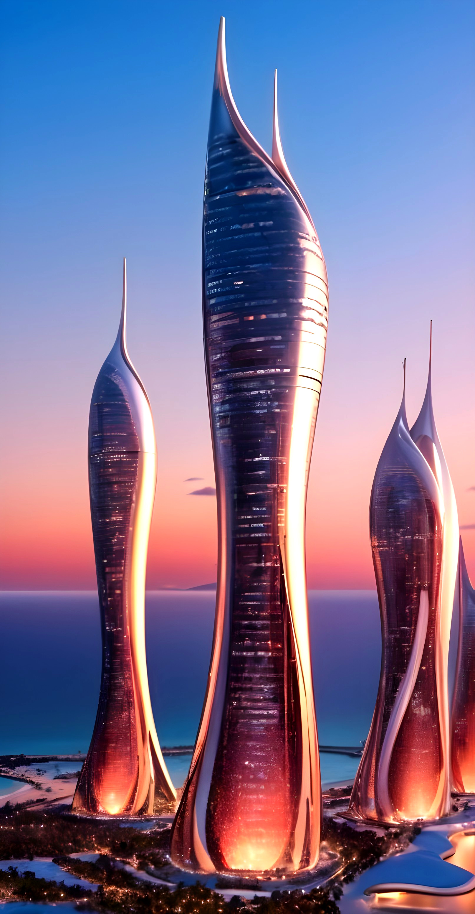 Futuristic Skyline with Reflective Towers at Sunset