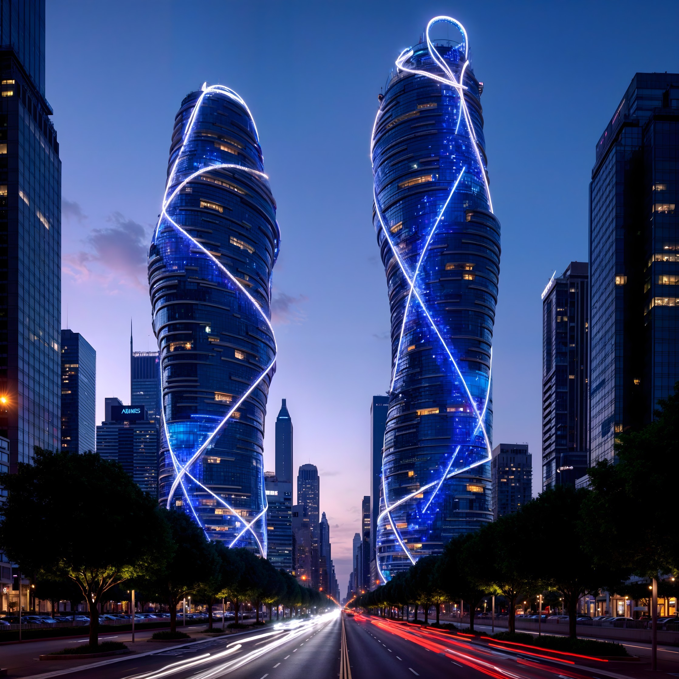 Modern Skyscrapers with Blue Lights in Cityscape