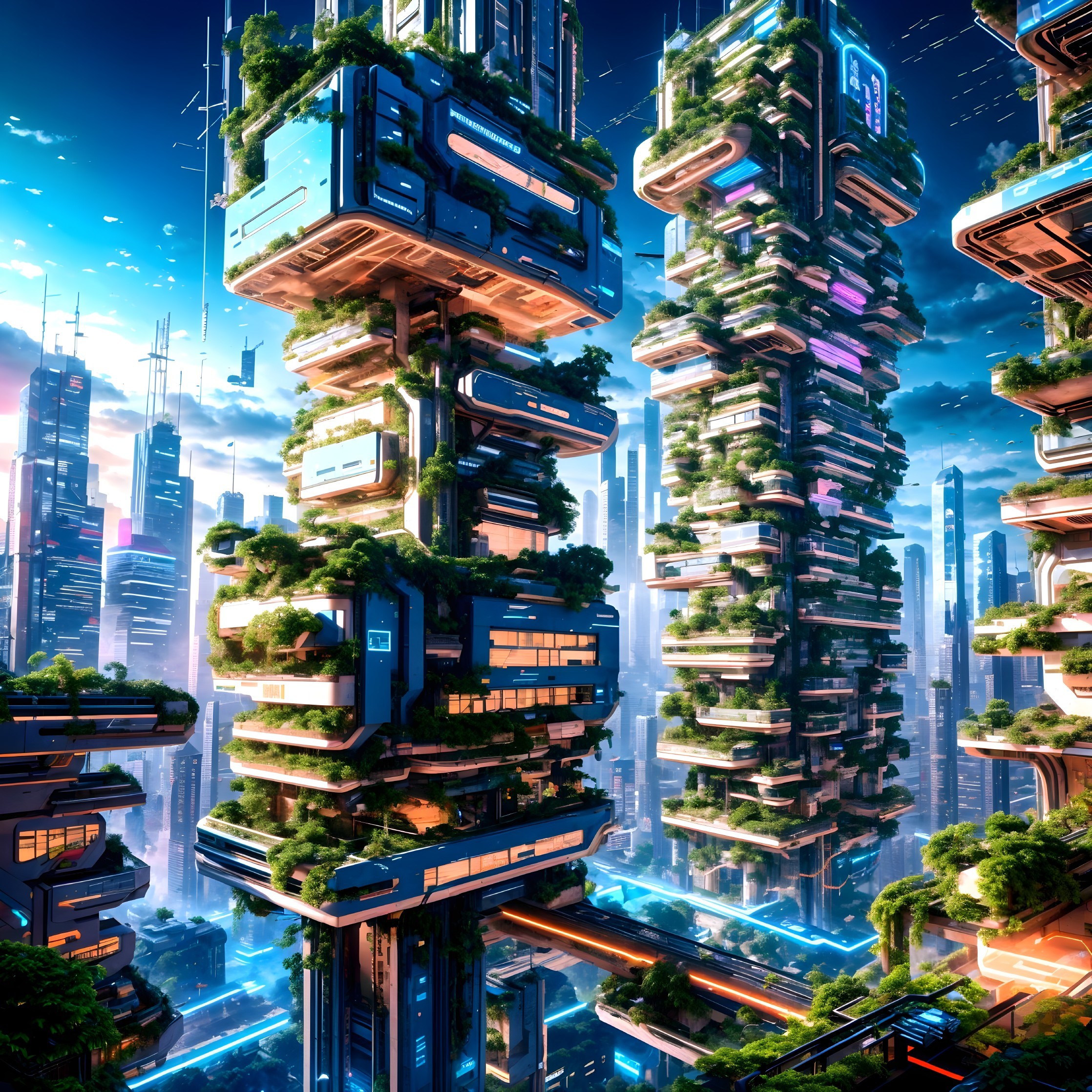 Futuristic cityscape with skyscrapers and greenery