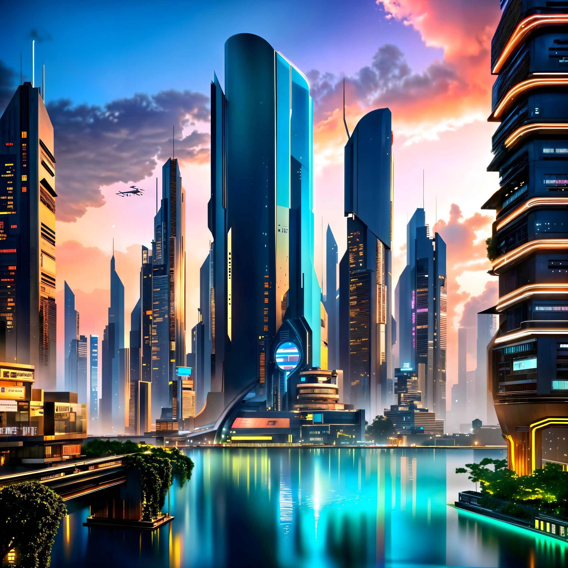 Futuristic cityscape with skyscrapers and sunset hues