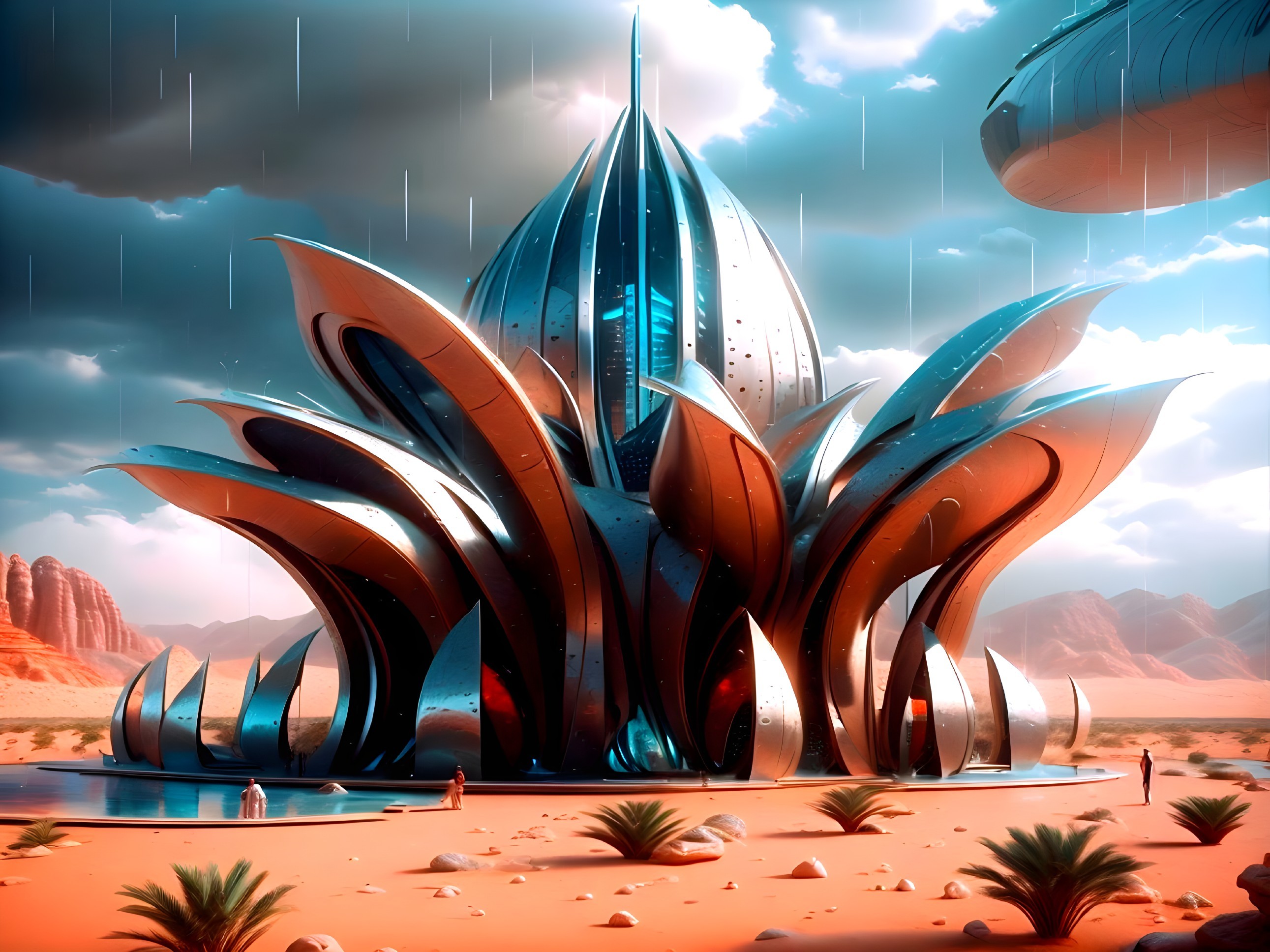 Futuristic Lotus Flower Structure in Desert Landscape