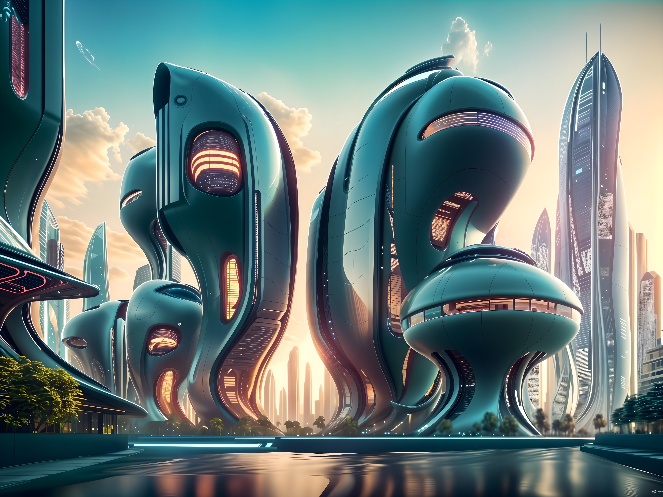 Futuristic Cityscape with Organic-Shaped Skyscrapers