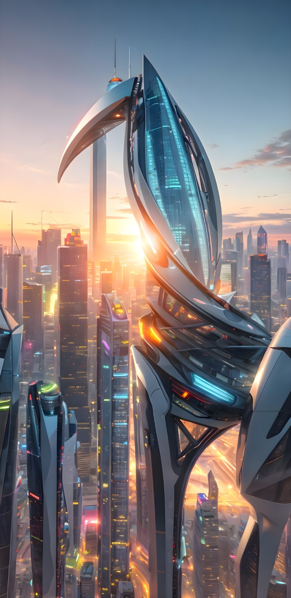 Futuristic city skyline at sunset with vibrant lights