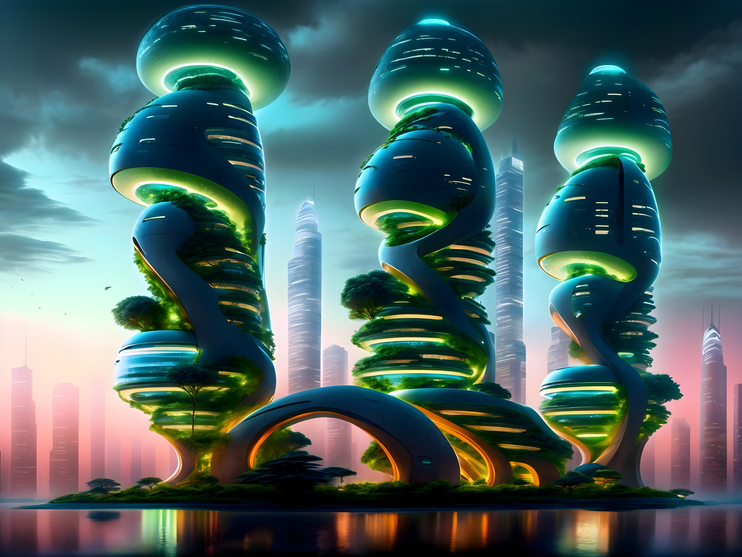 Futuristic Cityscape with Spiral Structures and Nature