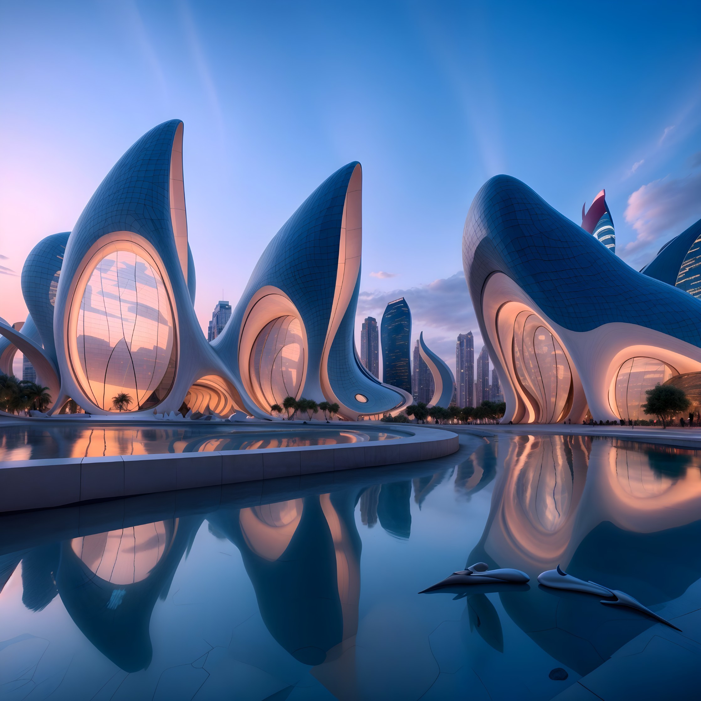 Futuristic Cityscape with Organic Architecture and Water
