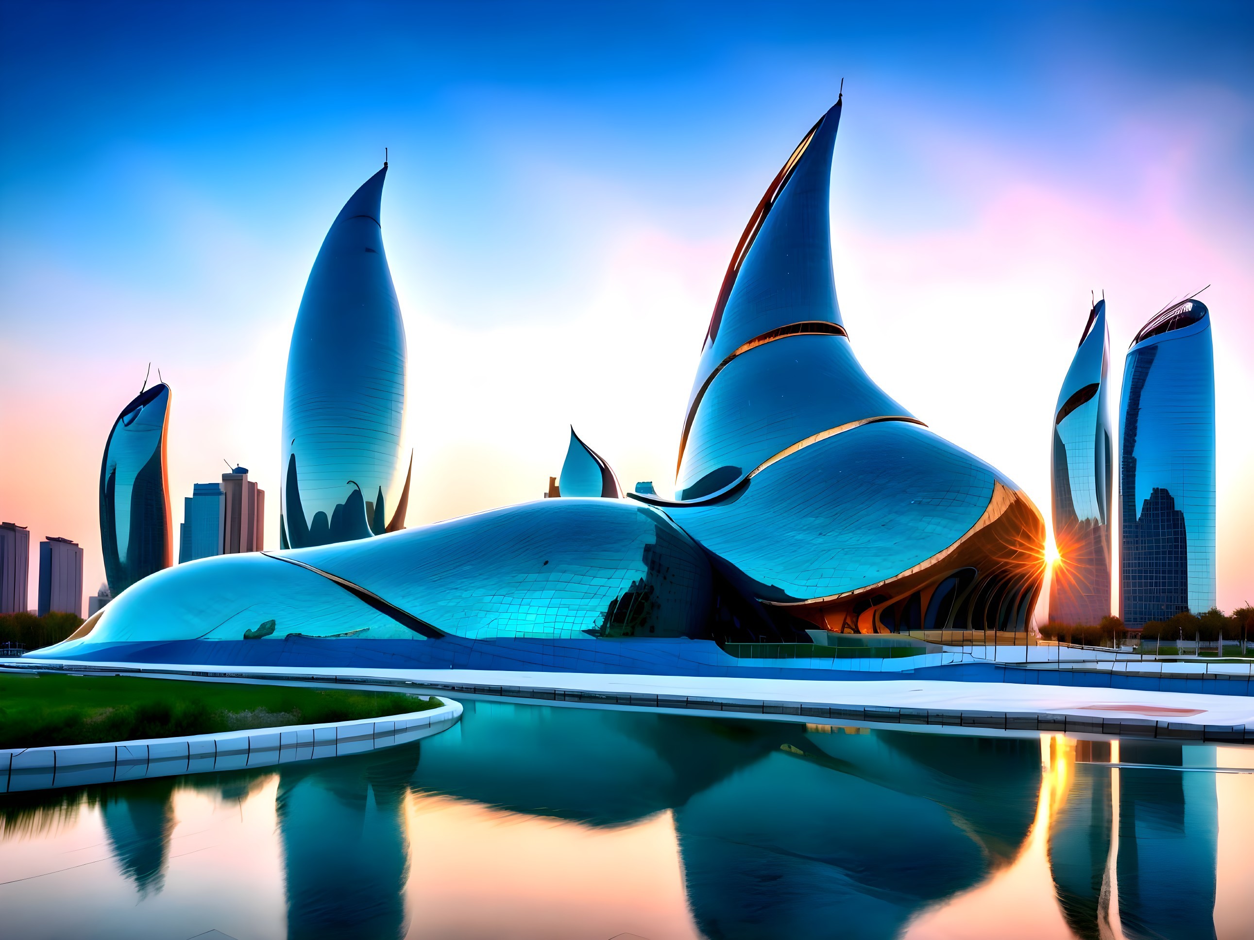 Futuristic Architectural Marvel by Water at Sunset