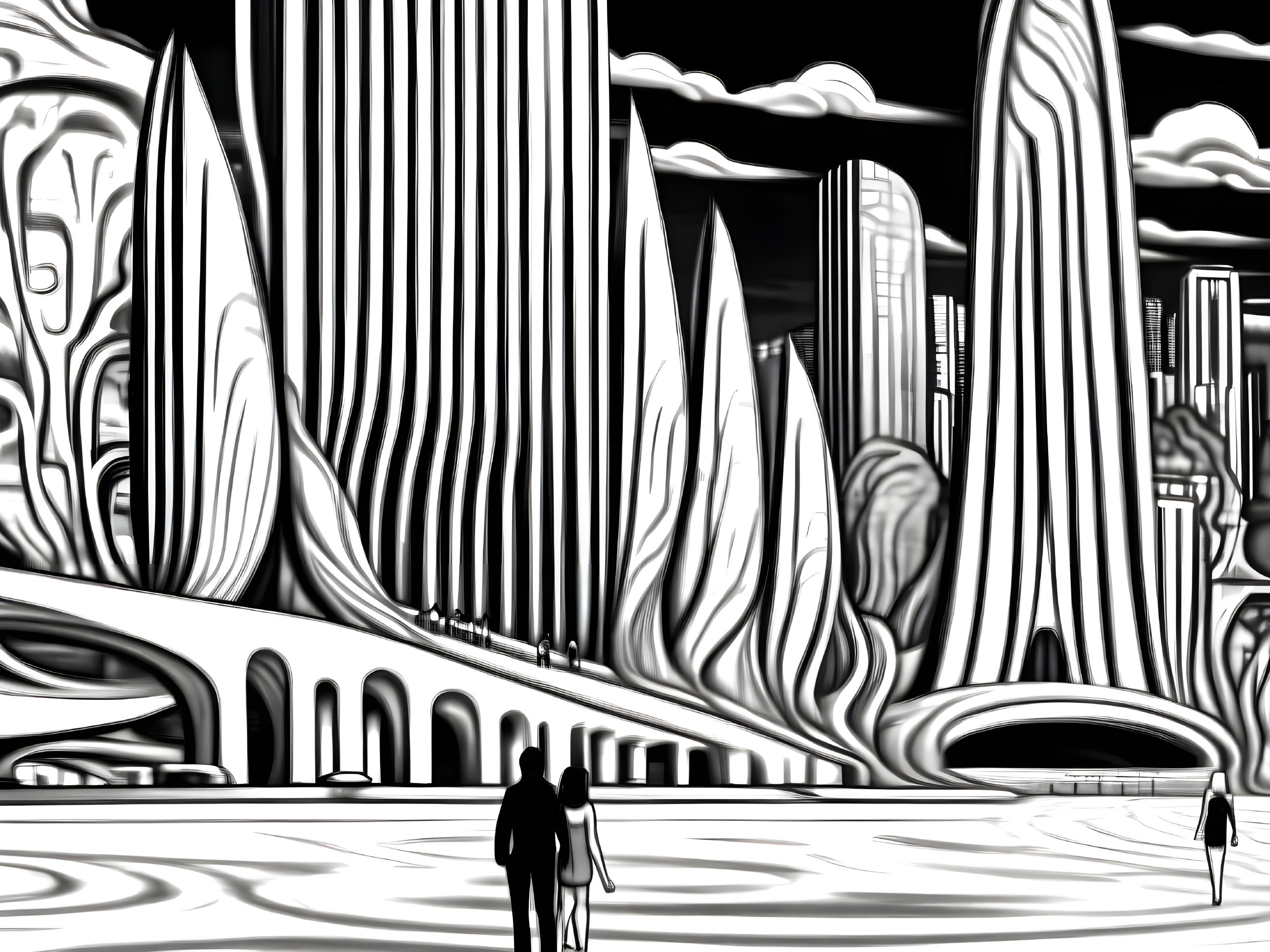 Couple Walking in a Futuristic Black and White City