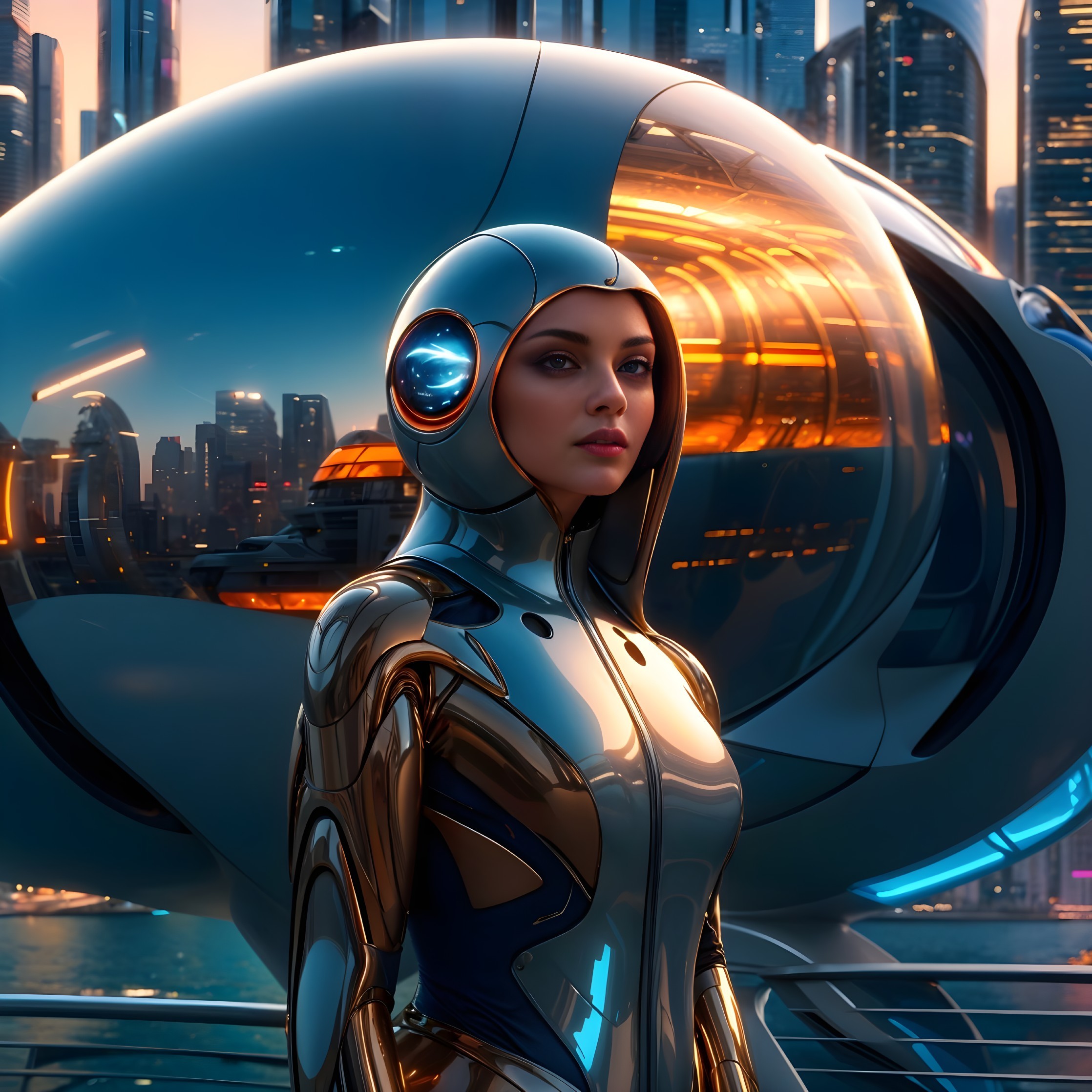 Futuristic Urban Landscape with Metallic Suit Figure