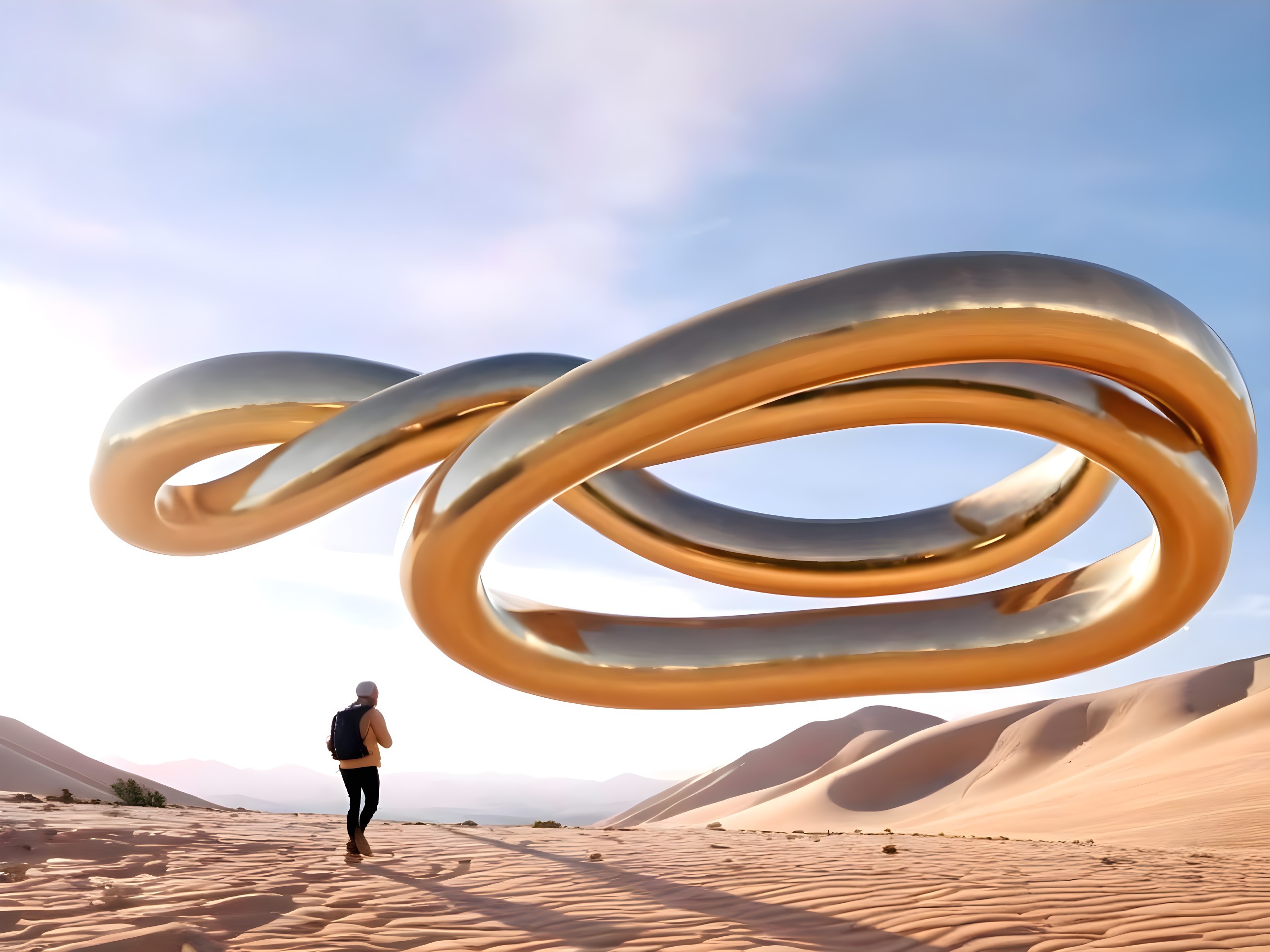 Lone Figure in Desert with Twisting Metallic Sculpture