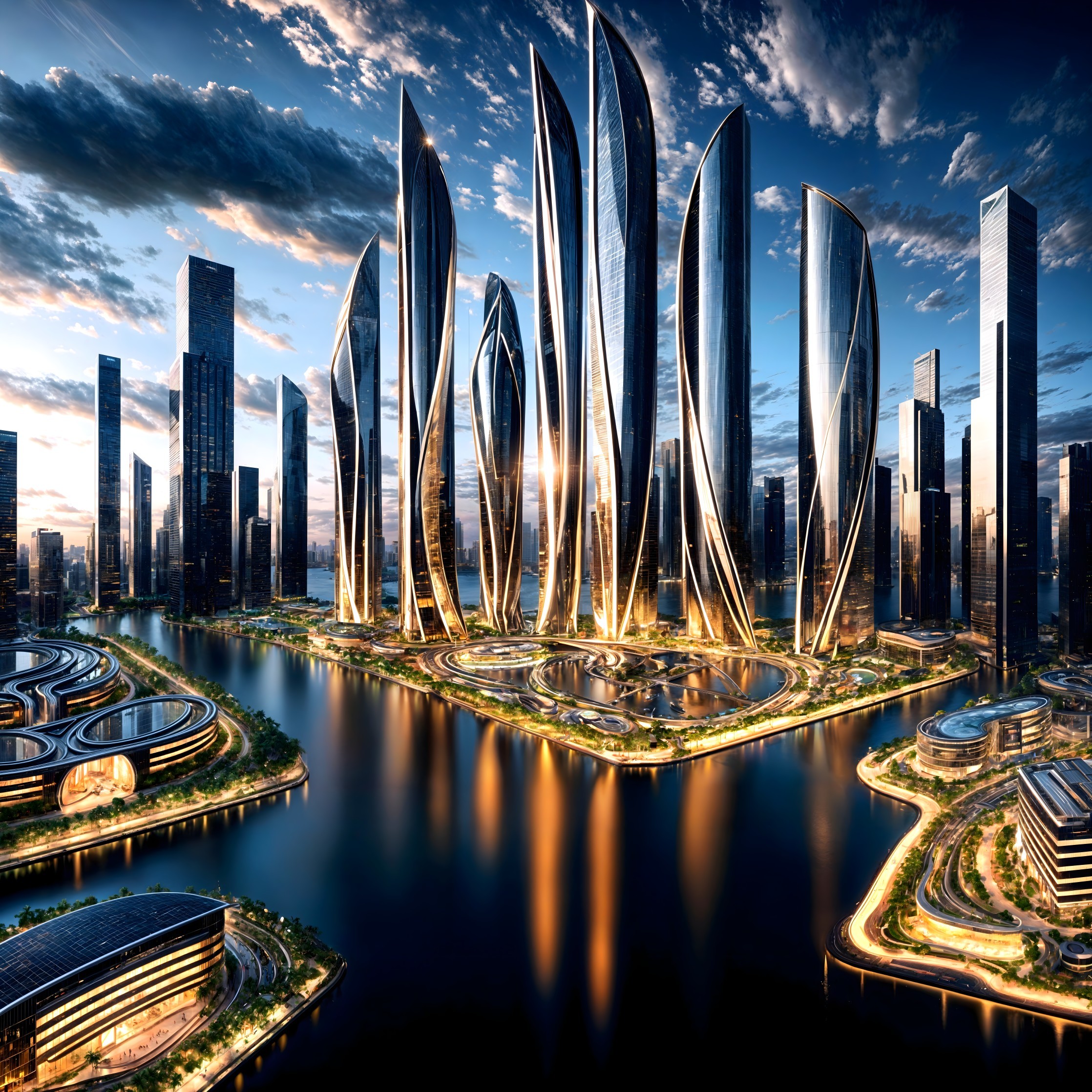 Futuristic City Skyline with Skyscrapers at Sunset