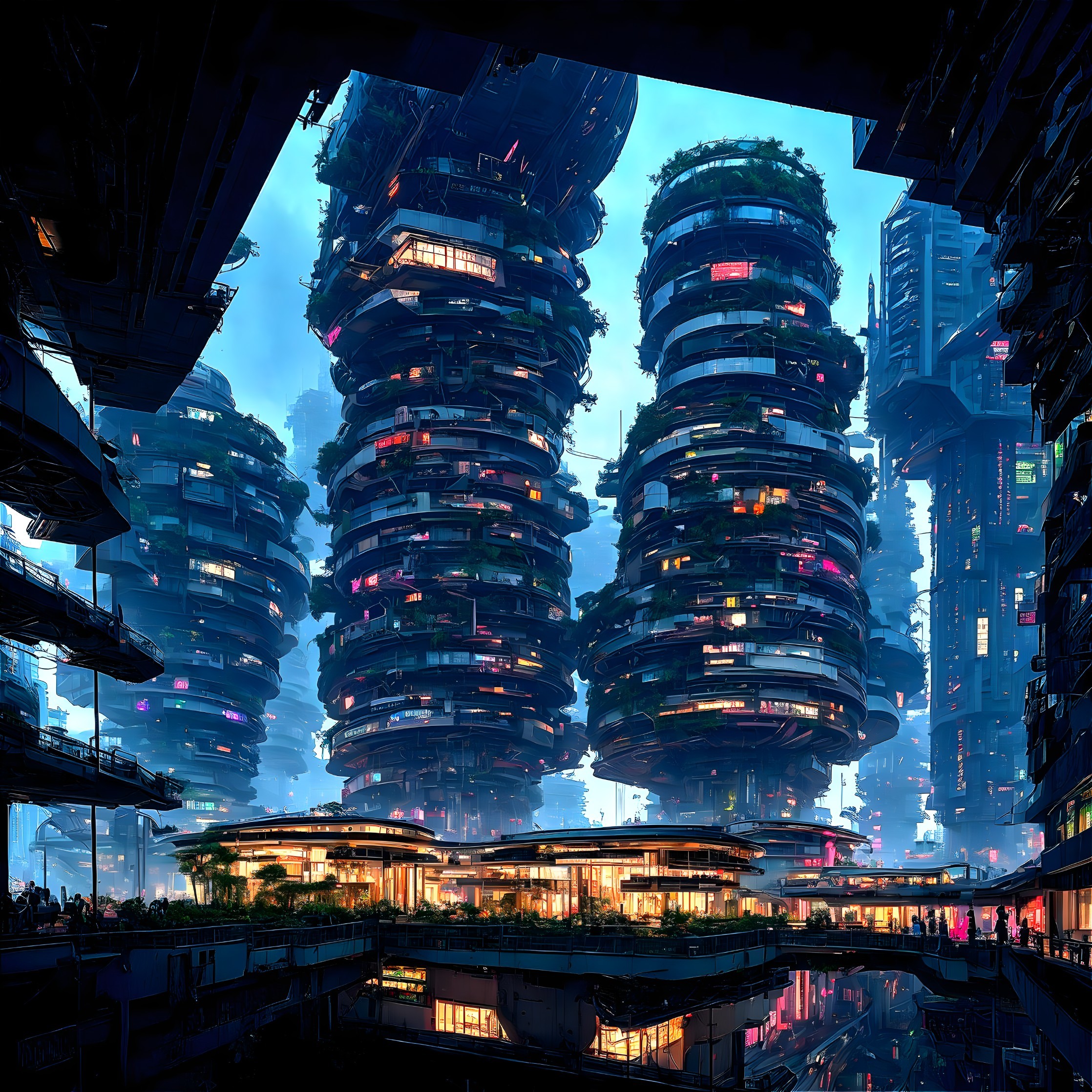 Futuristic cityscape with spiral structures and greenery