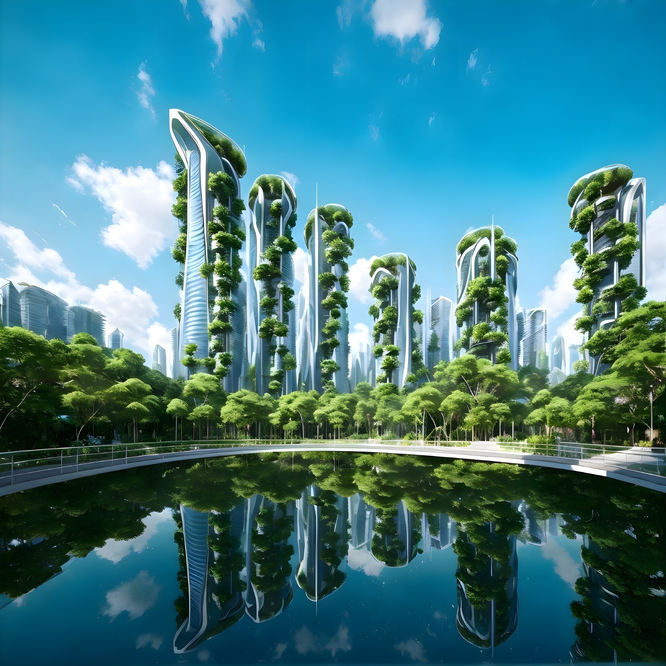 Futuristic cityscape with skyscrapers and greenery