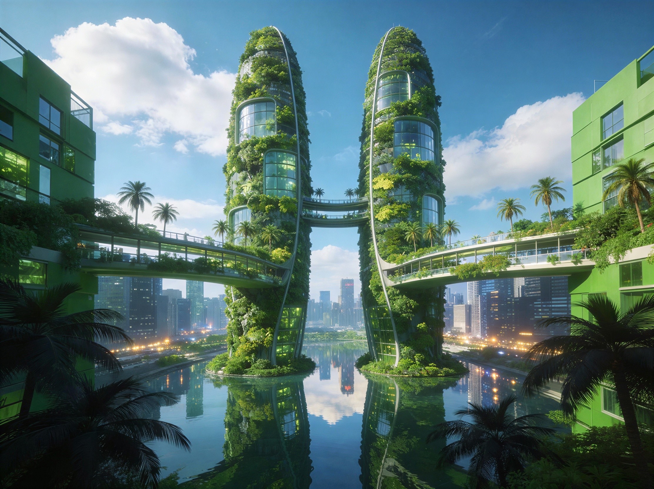 Futuristic Bio-Buildings with Green Architecture and Bridges