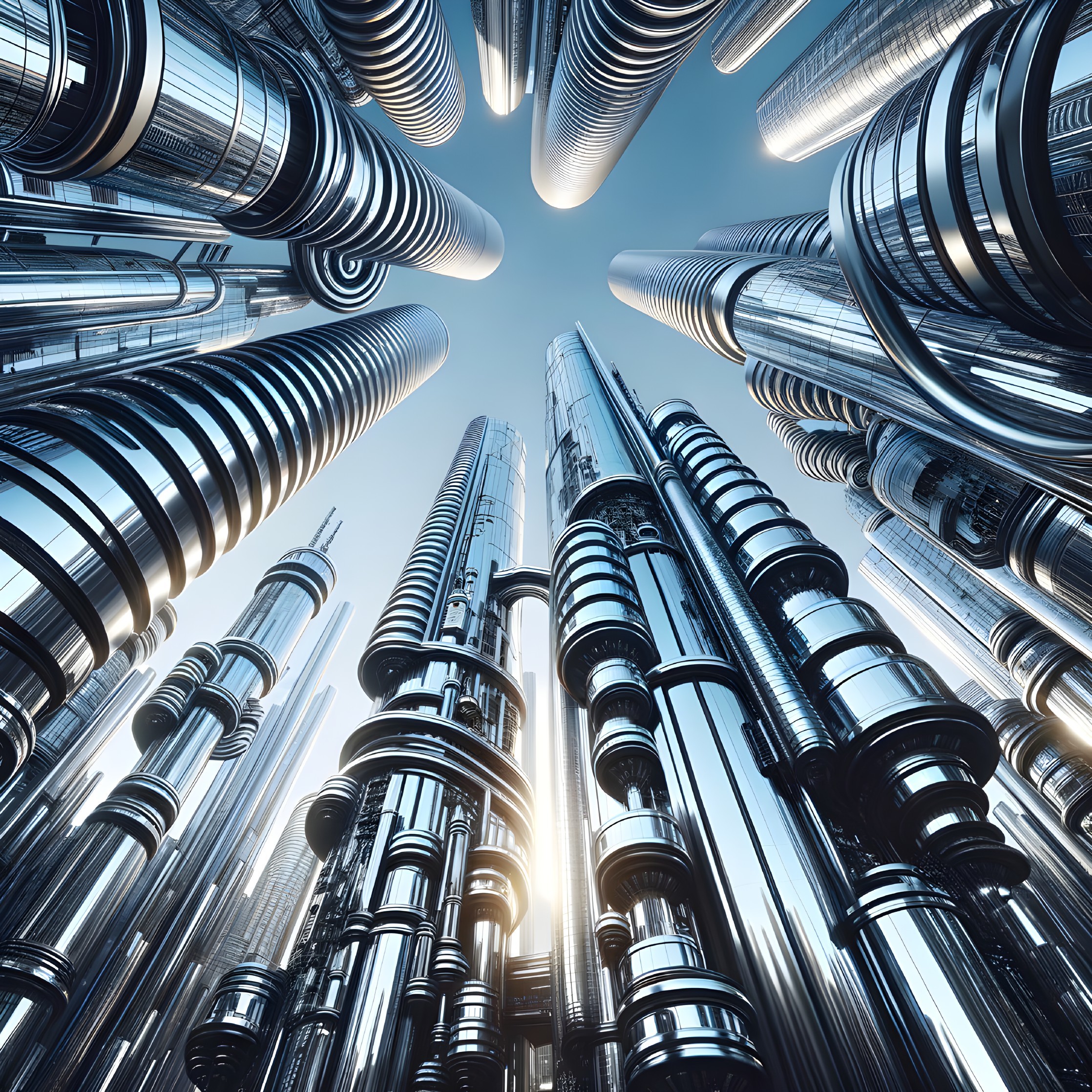 Futuristic cityscape with metallic structures and blue light