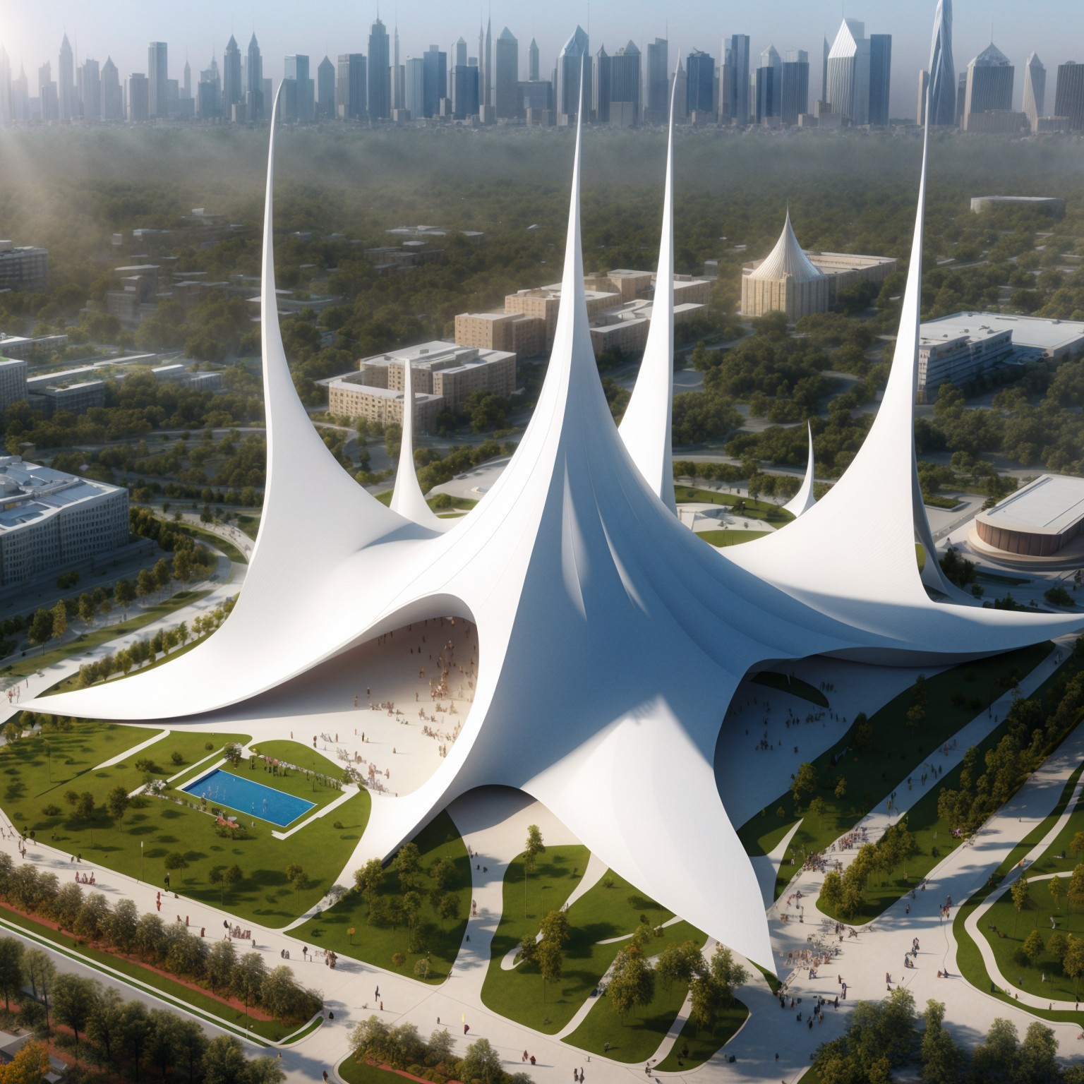 Futuristic Architectural Structure with Spires and Greenery