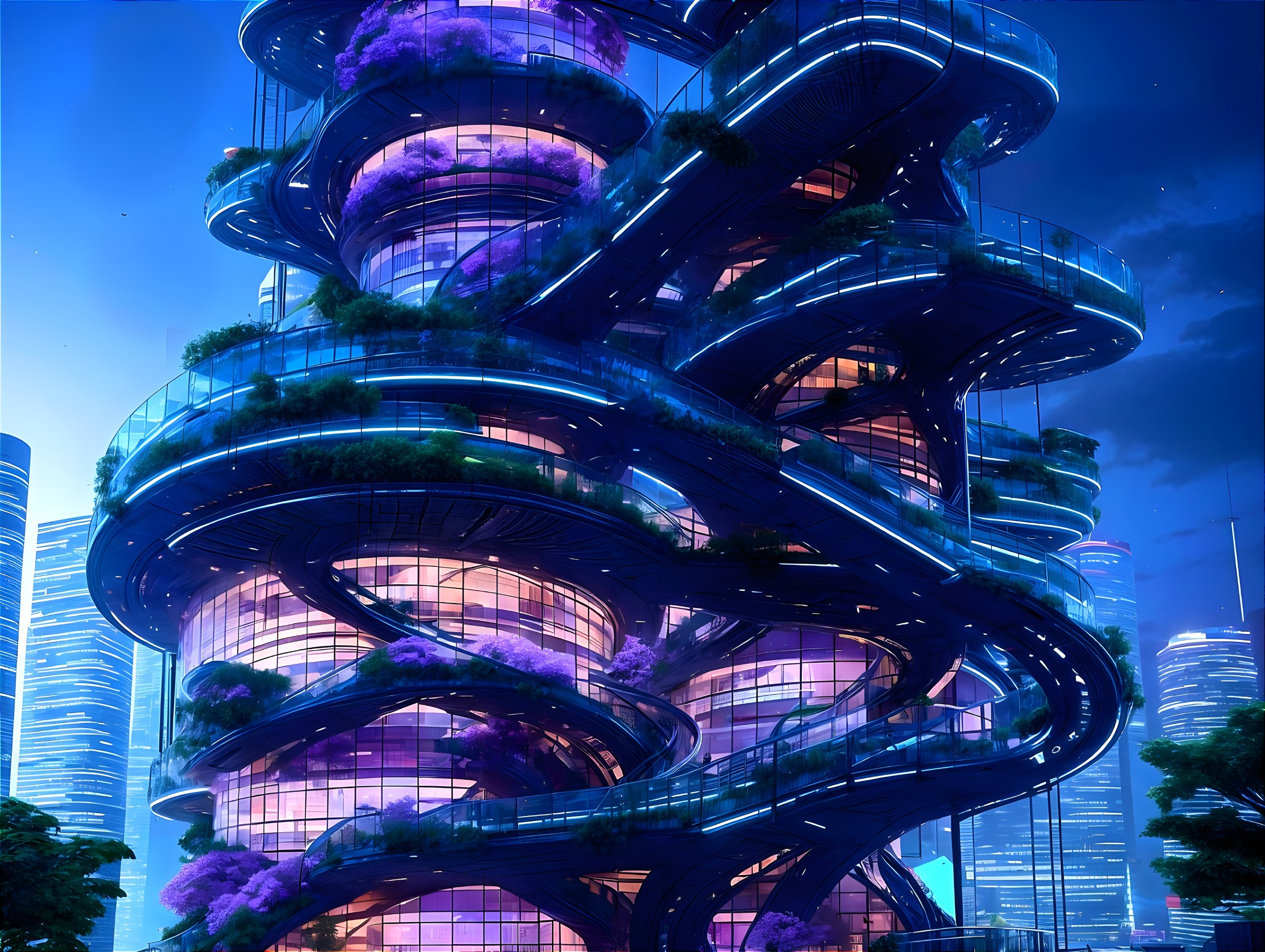 Futuristic Helical Skyscraper Design at Dusk