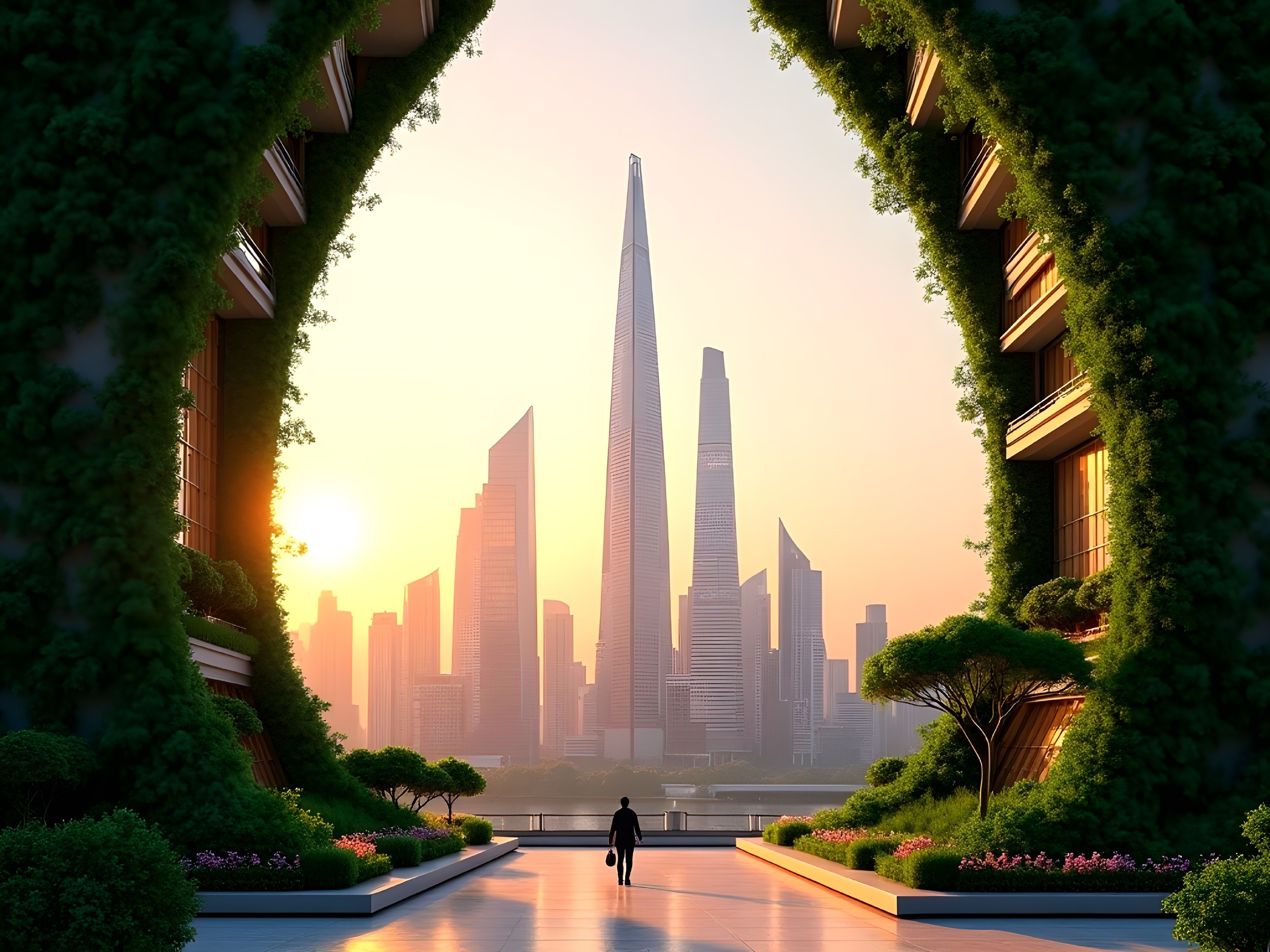 Lush Archway Overlooking Vibrant Urban Skyline at Sunset