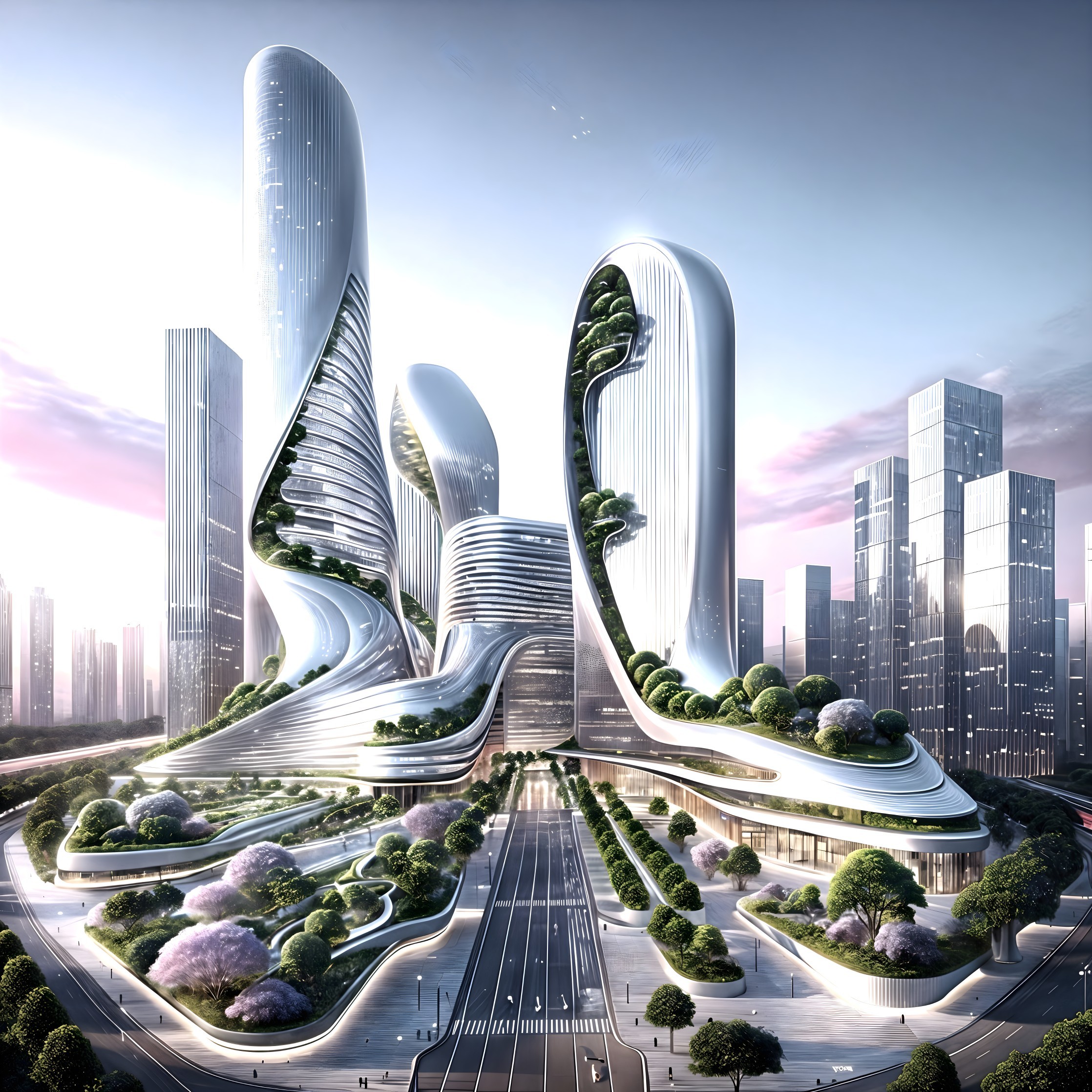 Futuristic cityscape with organic skyscrapers and greenery