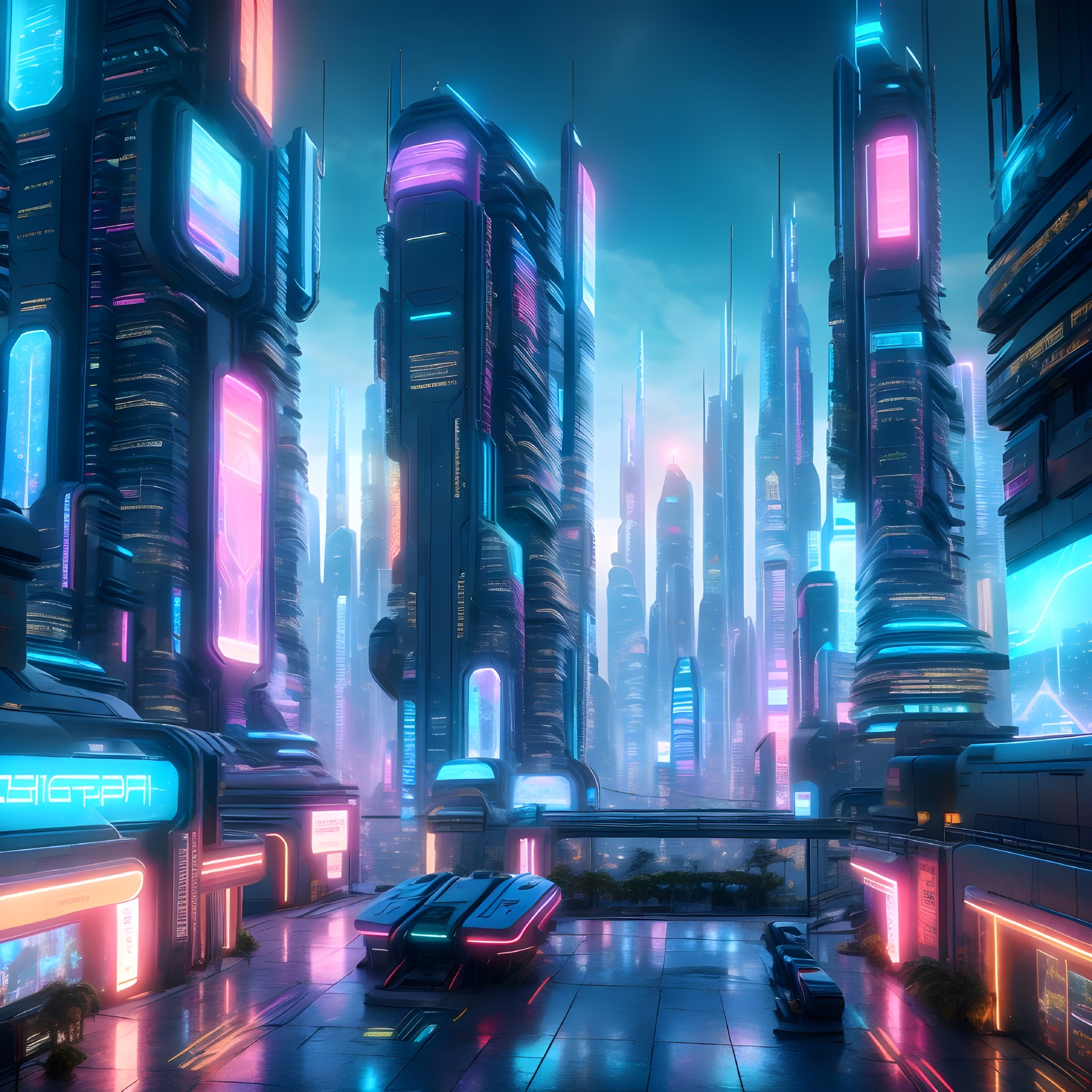 Futuristic cityscape with neon lights and skyscrapers