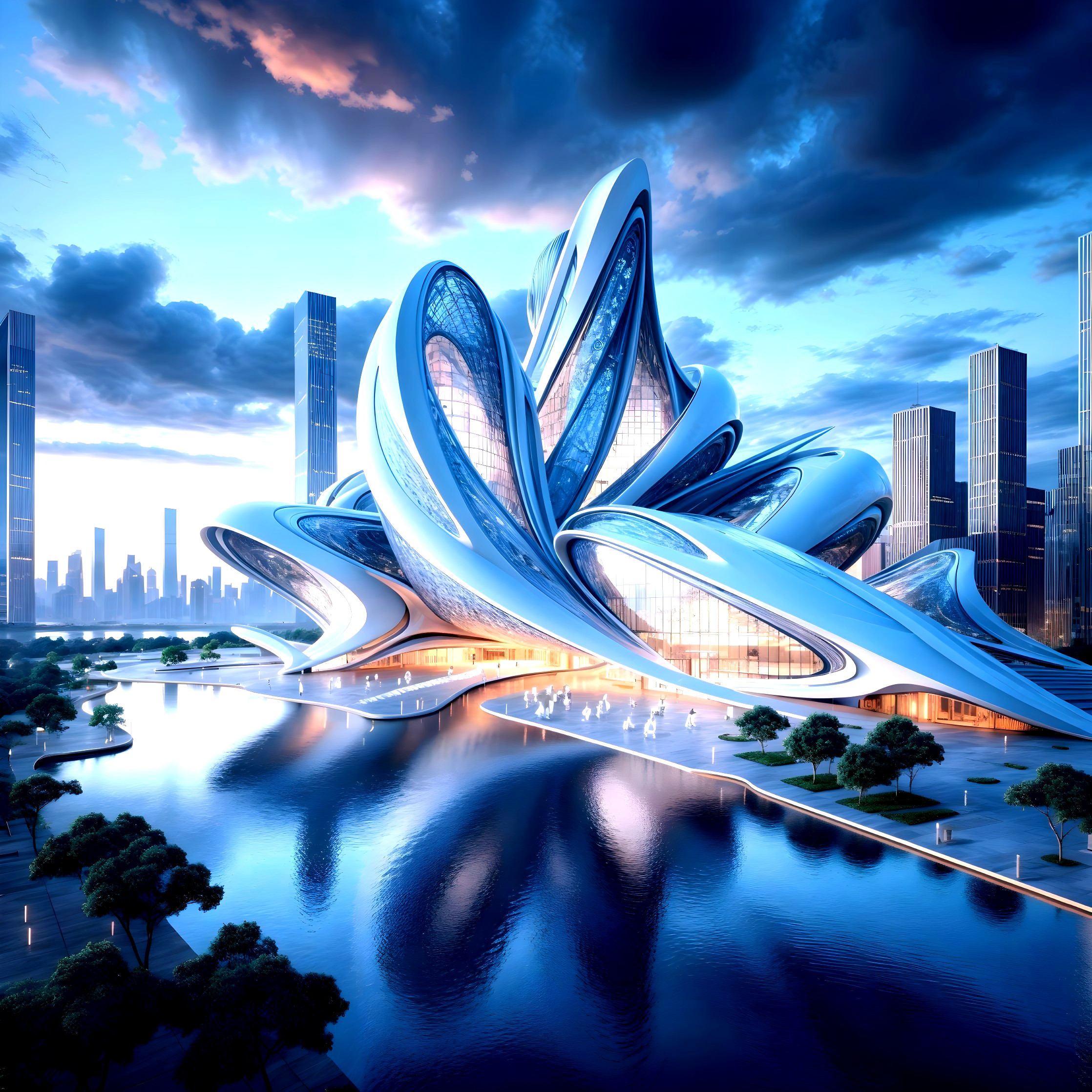 Futuristic Flower-Like Building by Waterfront at Sunset