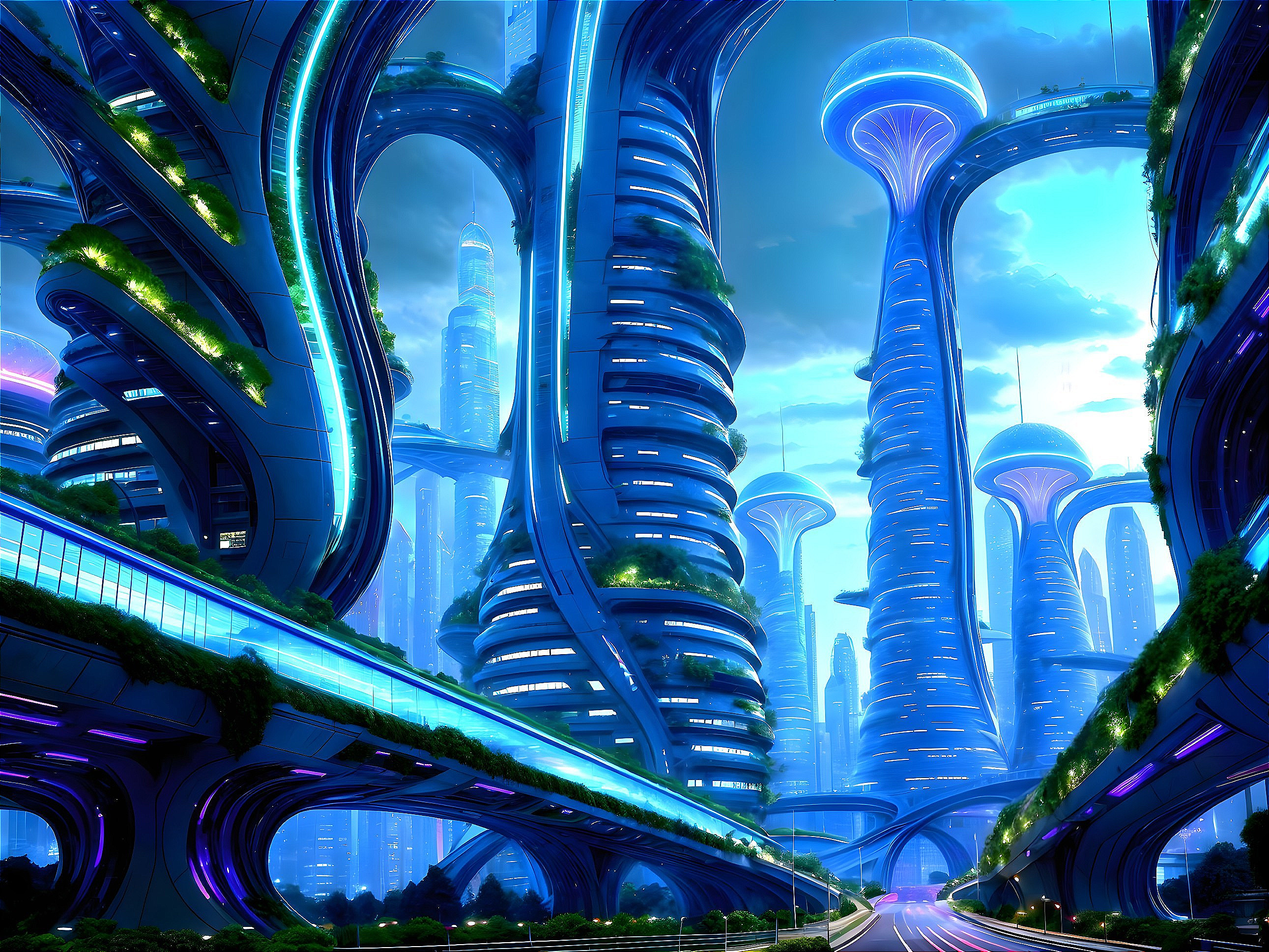 Futuristic cityscape with sleek structures and greenery