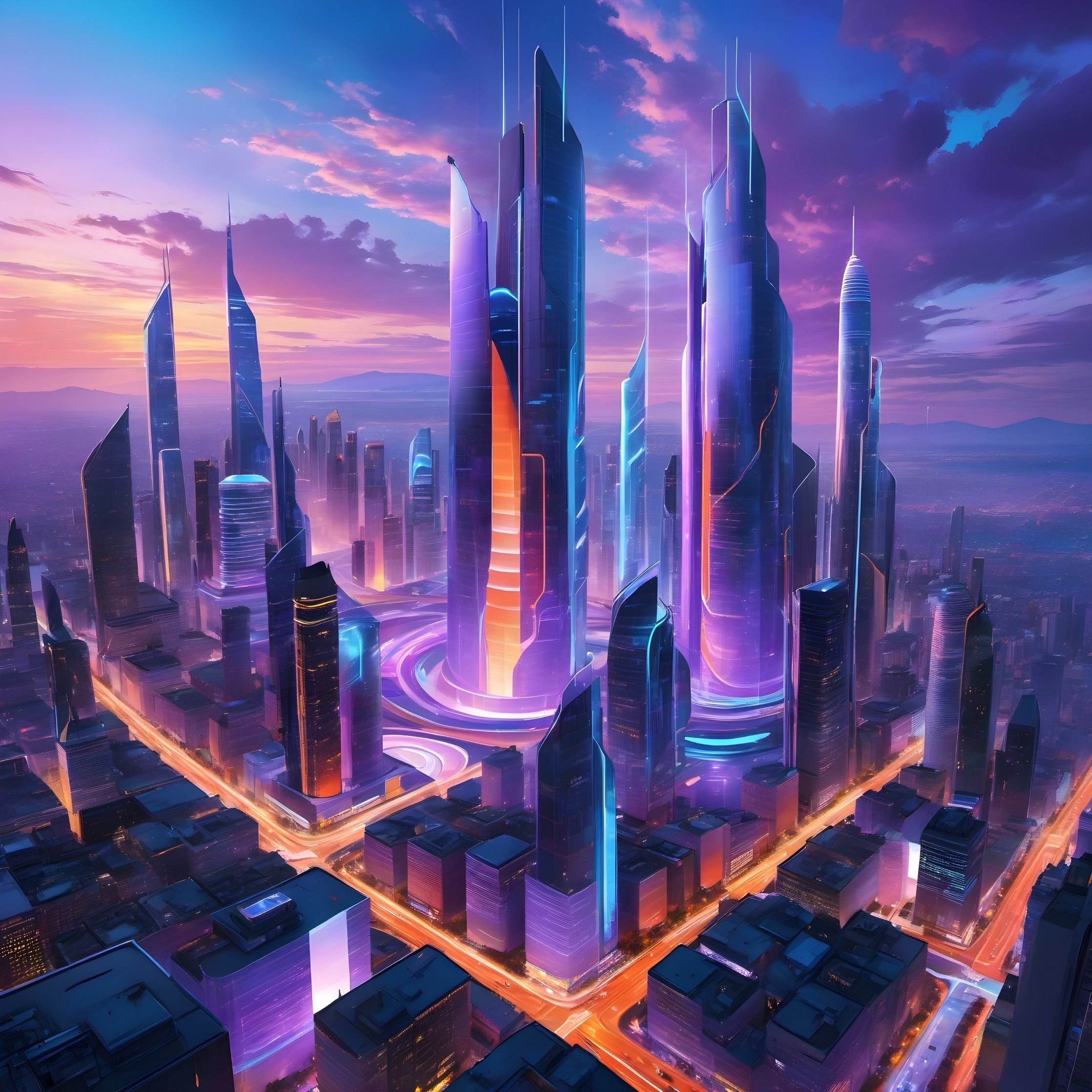 Futuristic cityscape at dusk with neon skyscrapers