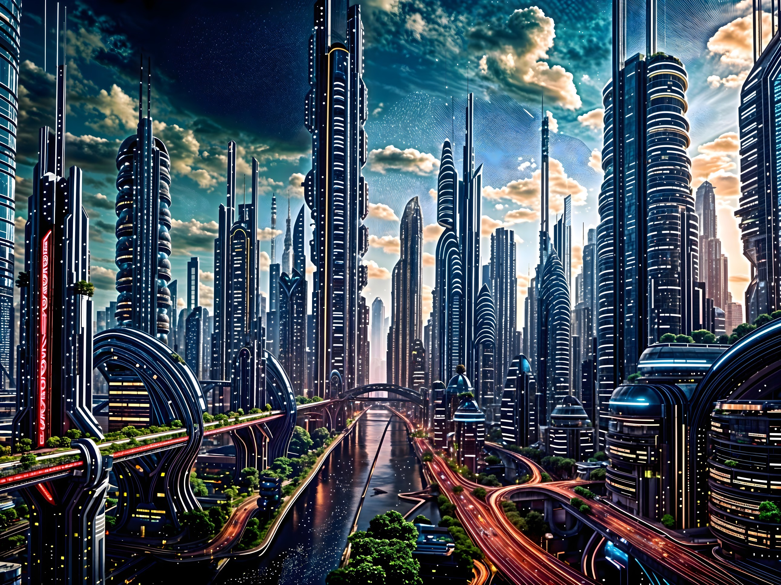 Futuristic cityscape with skyscrapers at sunset
