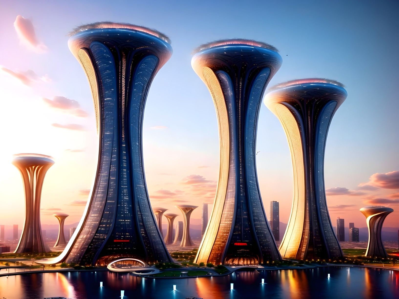 Futuristic skyscrapers resembling towering mushrooms at sunset