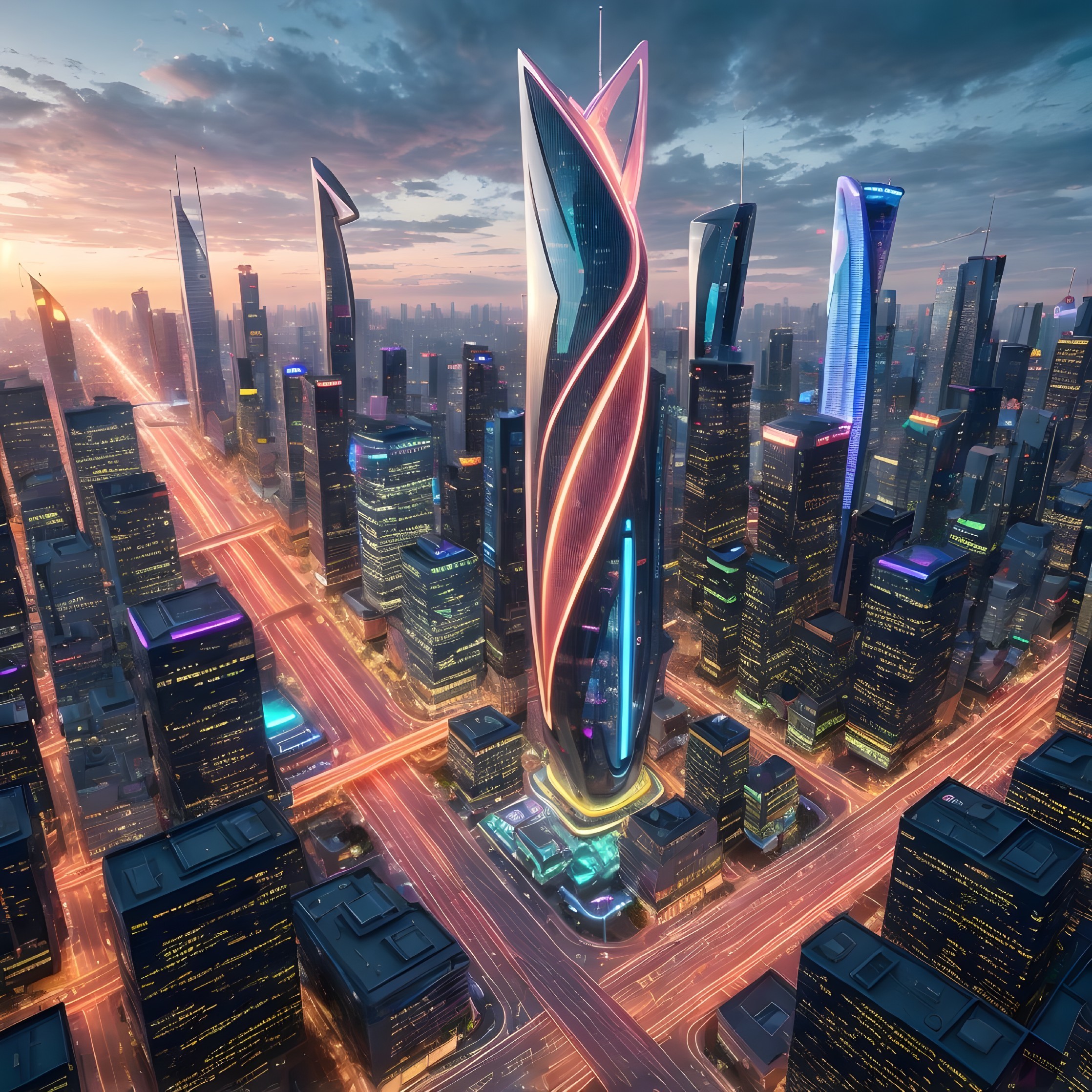 Futuristic City Skyline at Dusk with Neon Accents