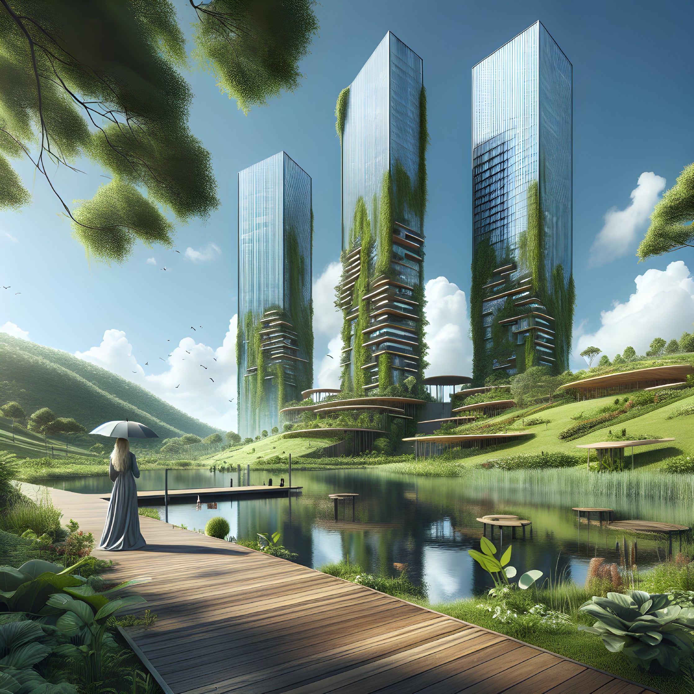 Skyscrapers with Greenery Overlooking a Tranquil Lake