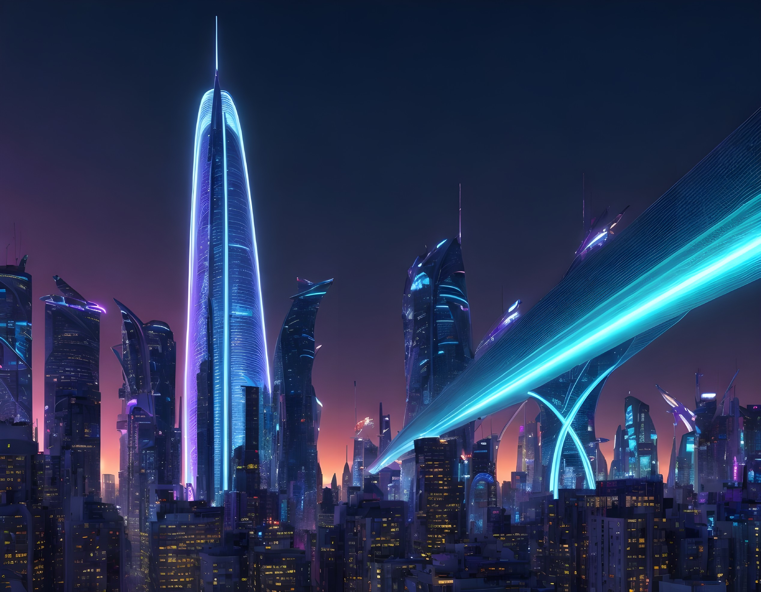 Futuristic cityscape with neon skyscrapers and bridge