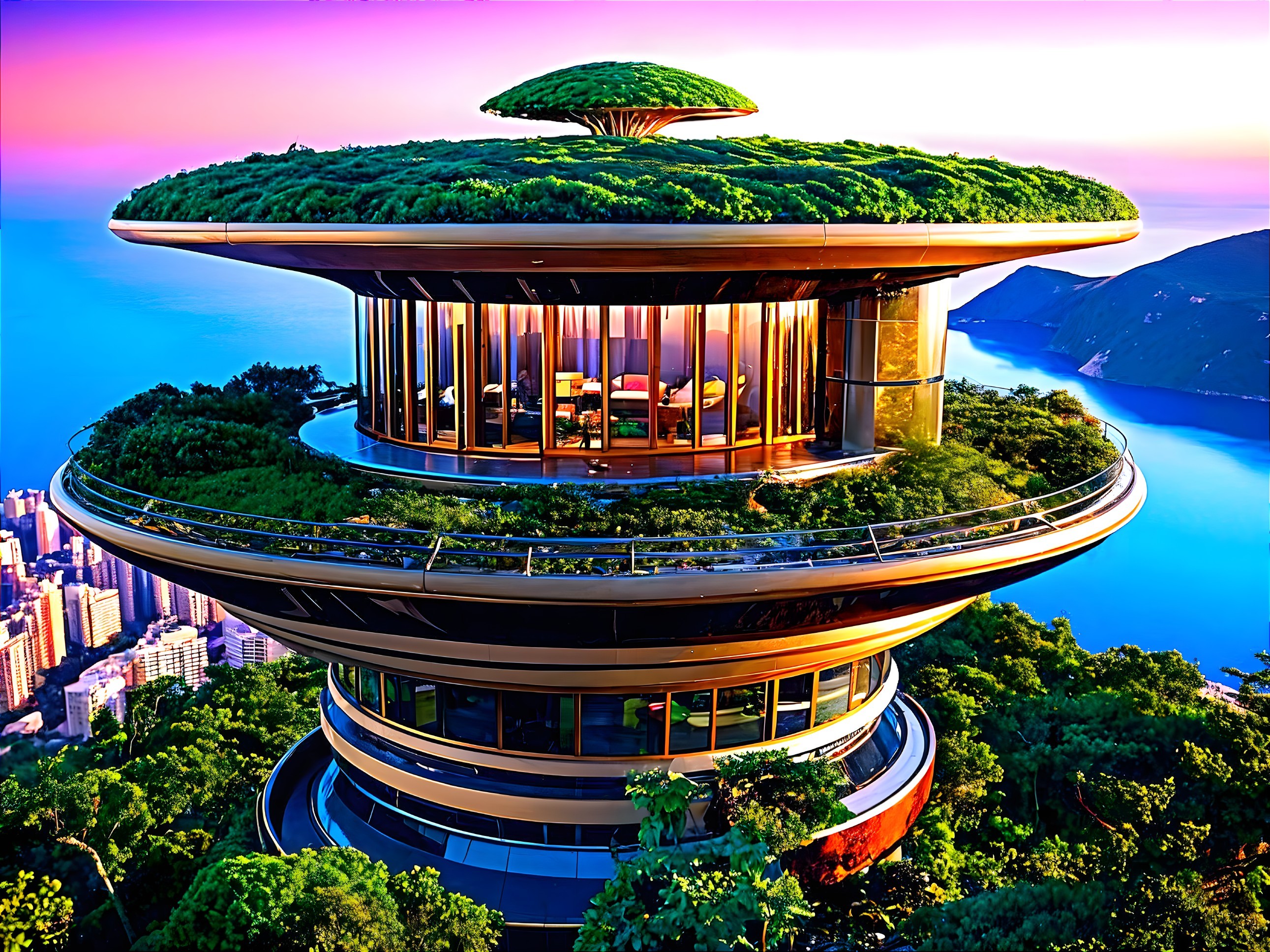 Futuristic Circular Building with Green Roofs and Views
