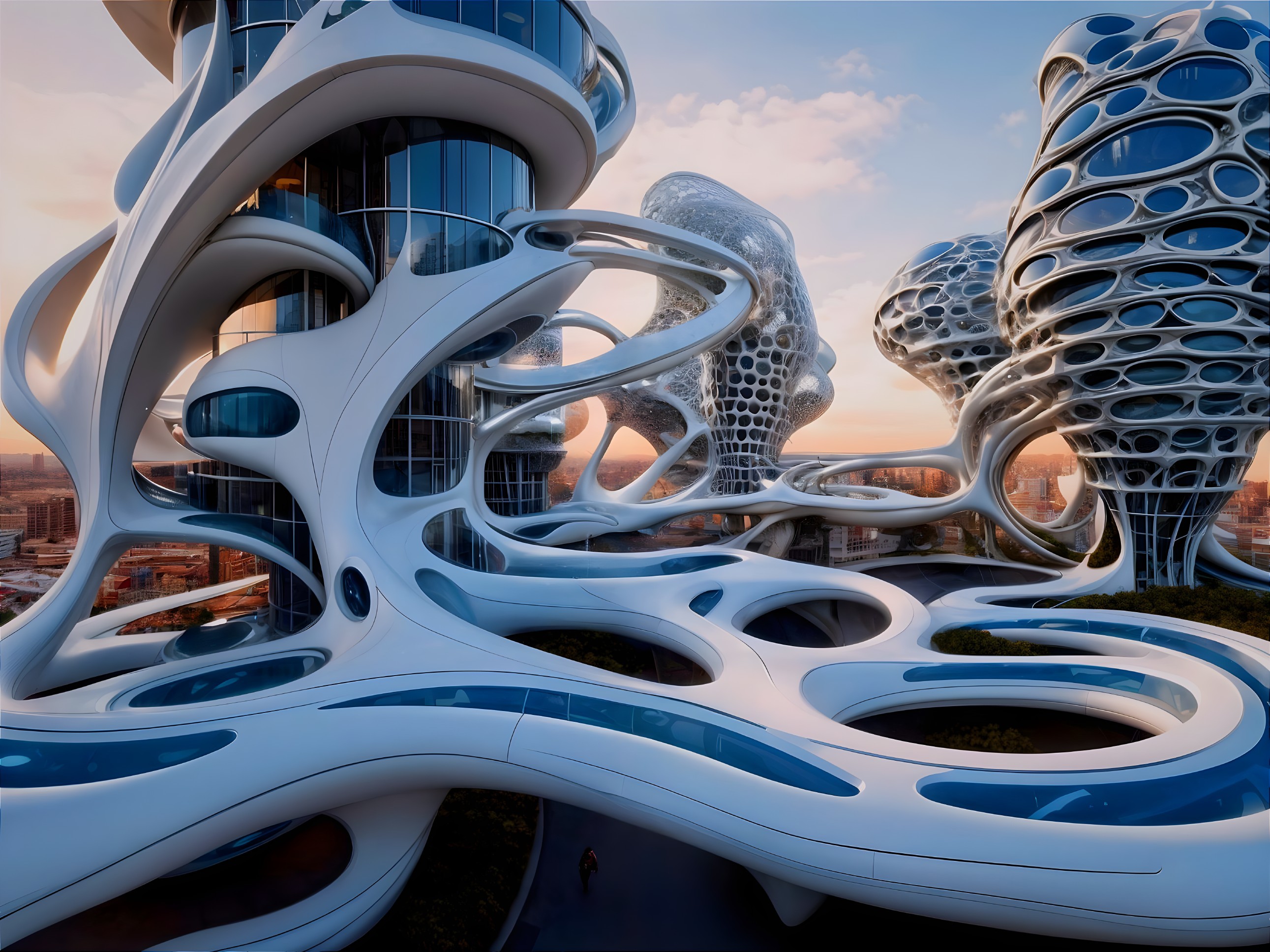 Futuristic Architecture with Organic Shapes and Glass Facades