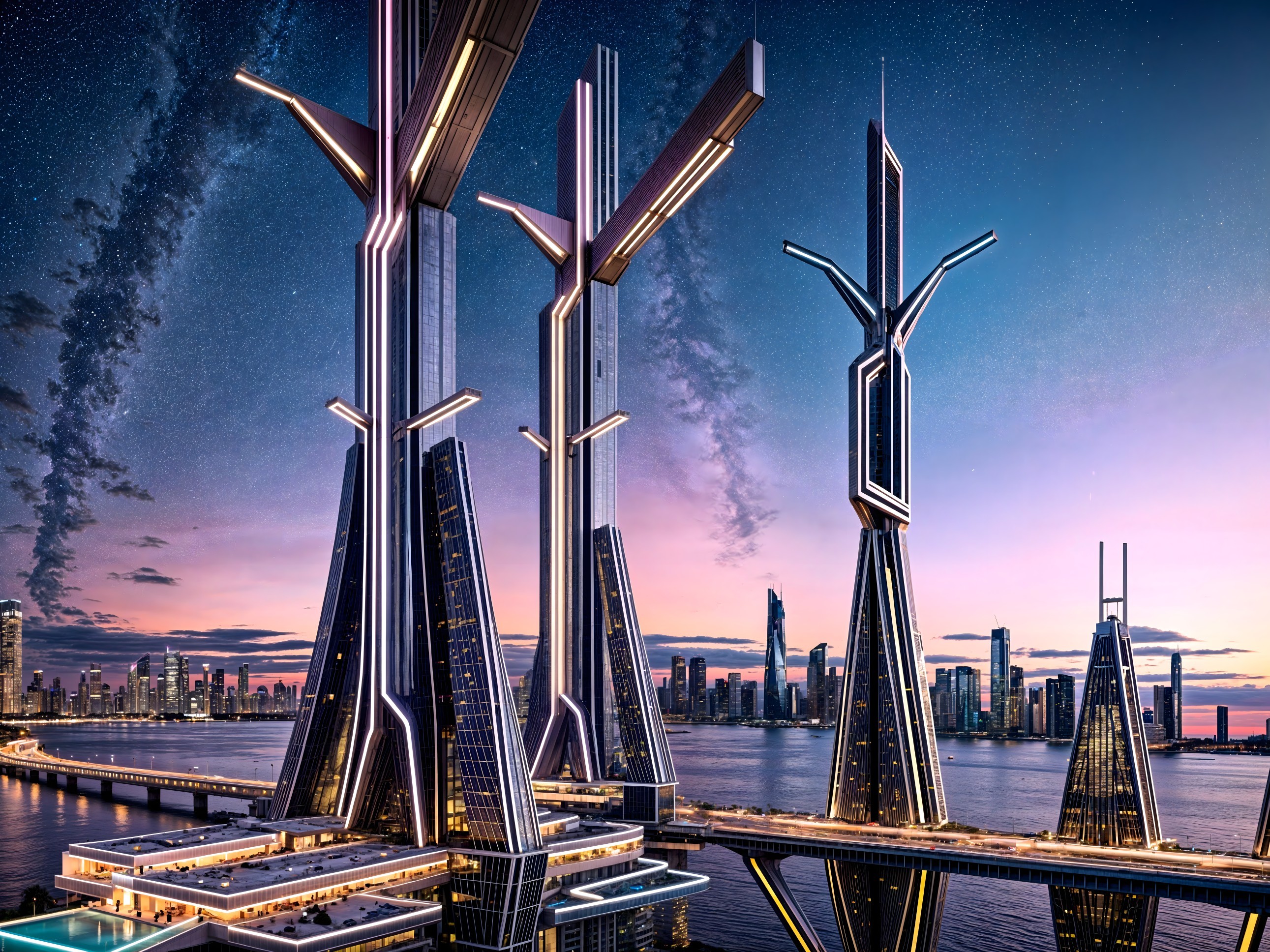 Futuristic cityscape at dusk with illuminated skyscrapers