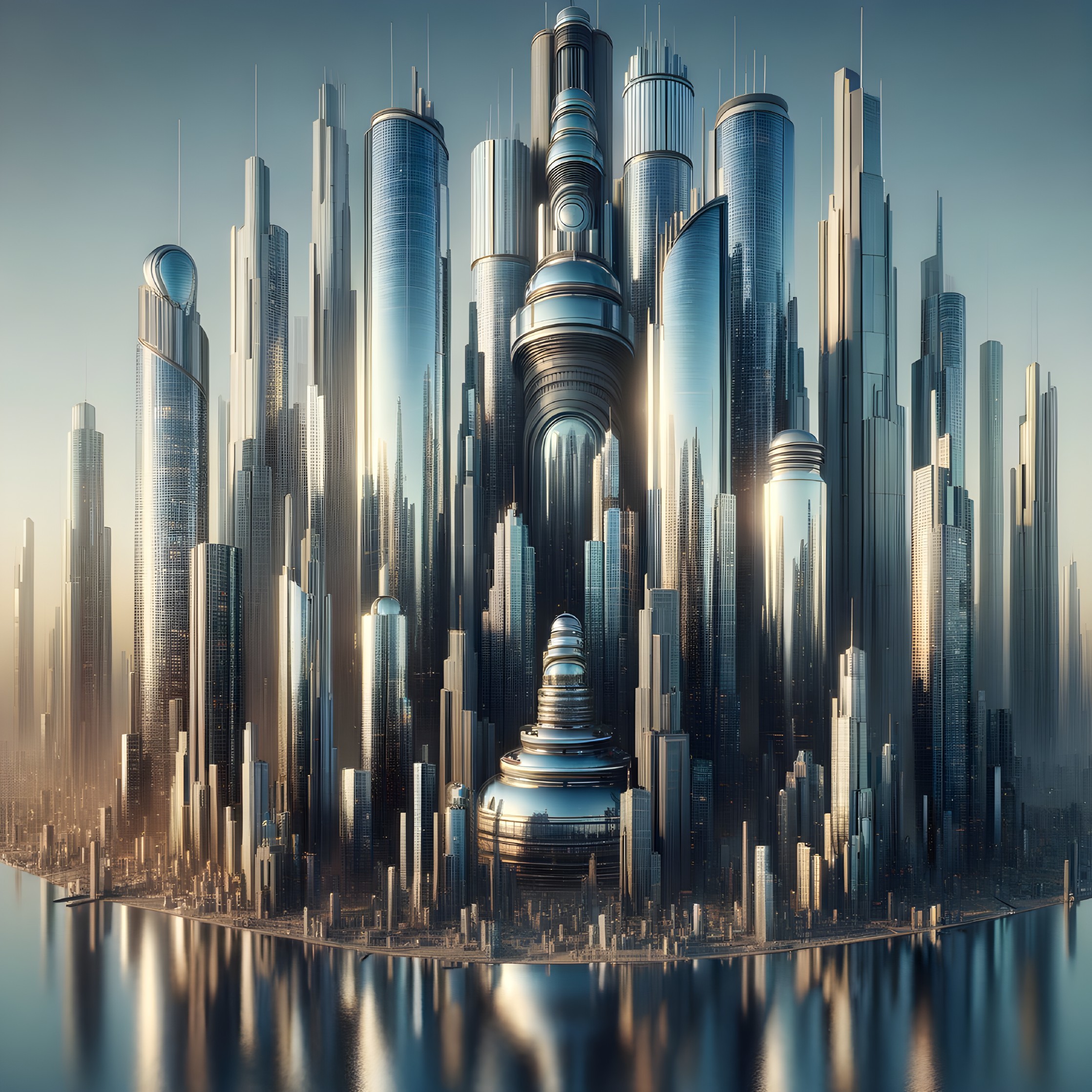 Futuristic cityscape with diverse skyscraper designs