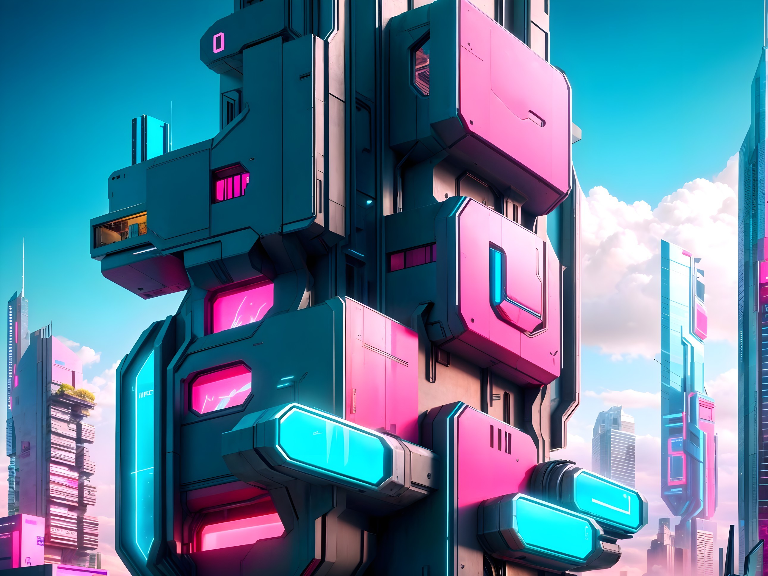 Futuristic cityscape with geometric buildings and colors