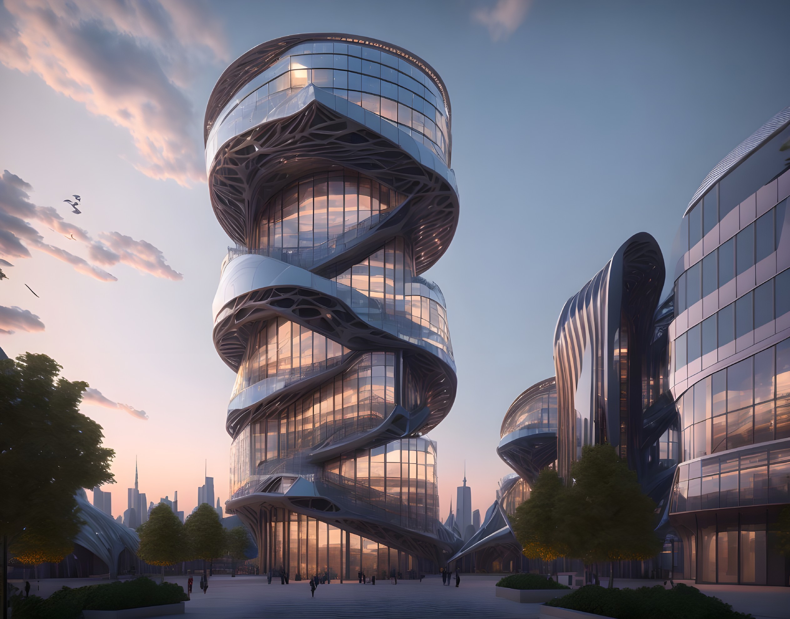 Futuristic Twisting Architectural Structure at Sunset