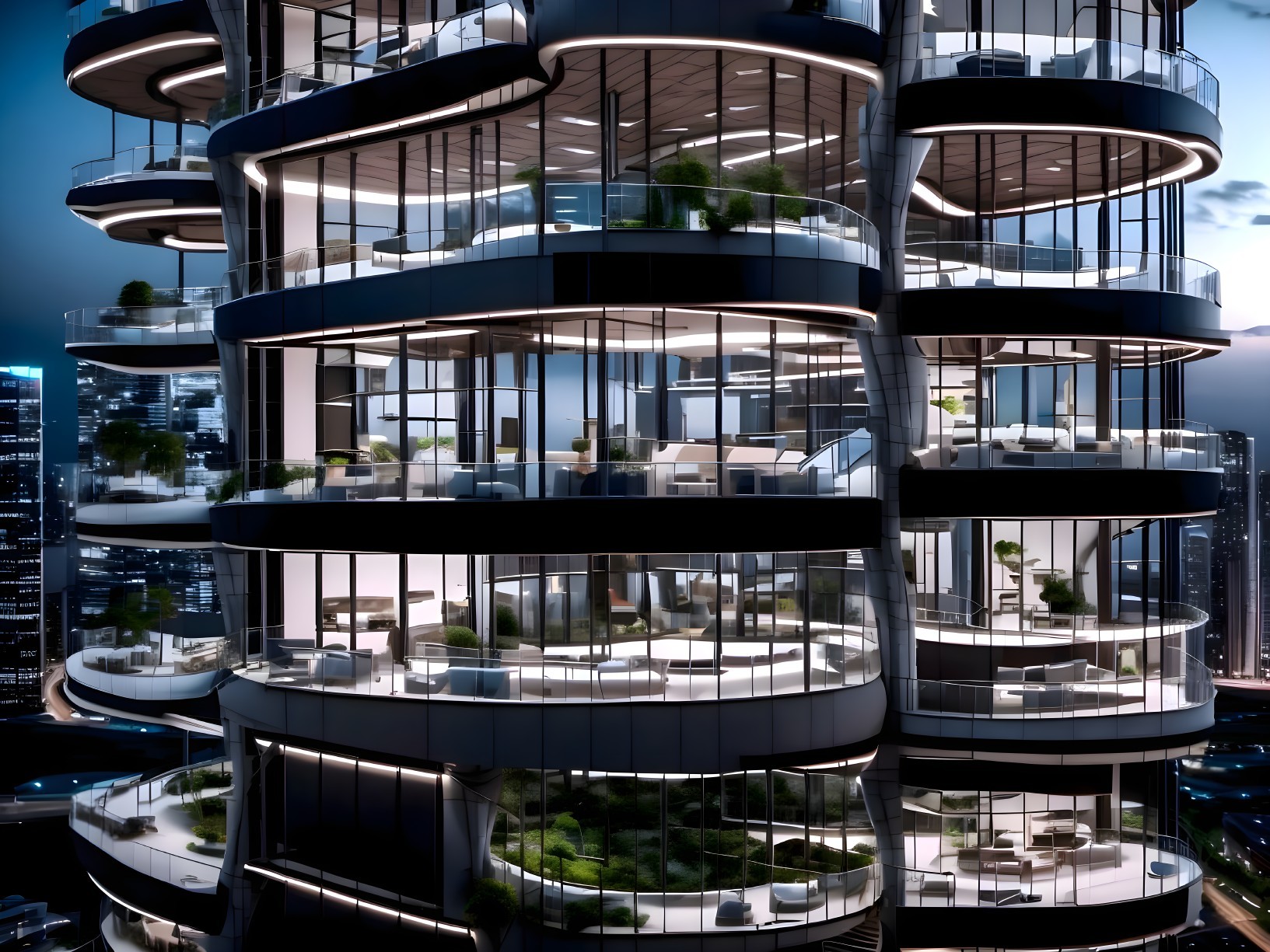Futuristic Skyscraper with Curvilinear Design and Balconies