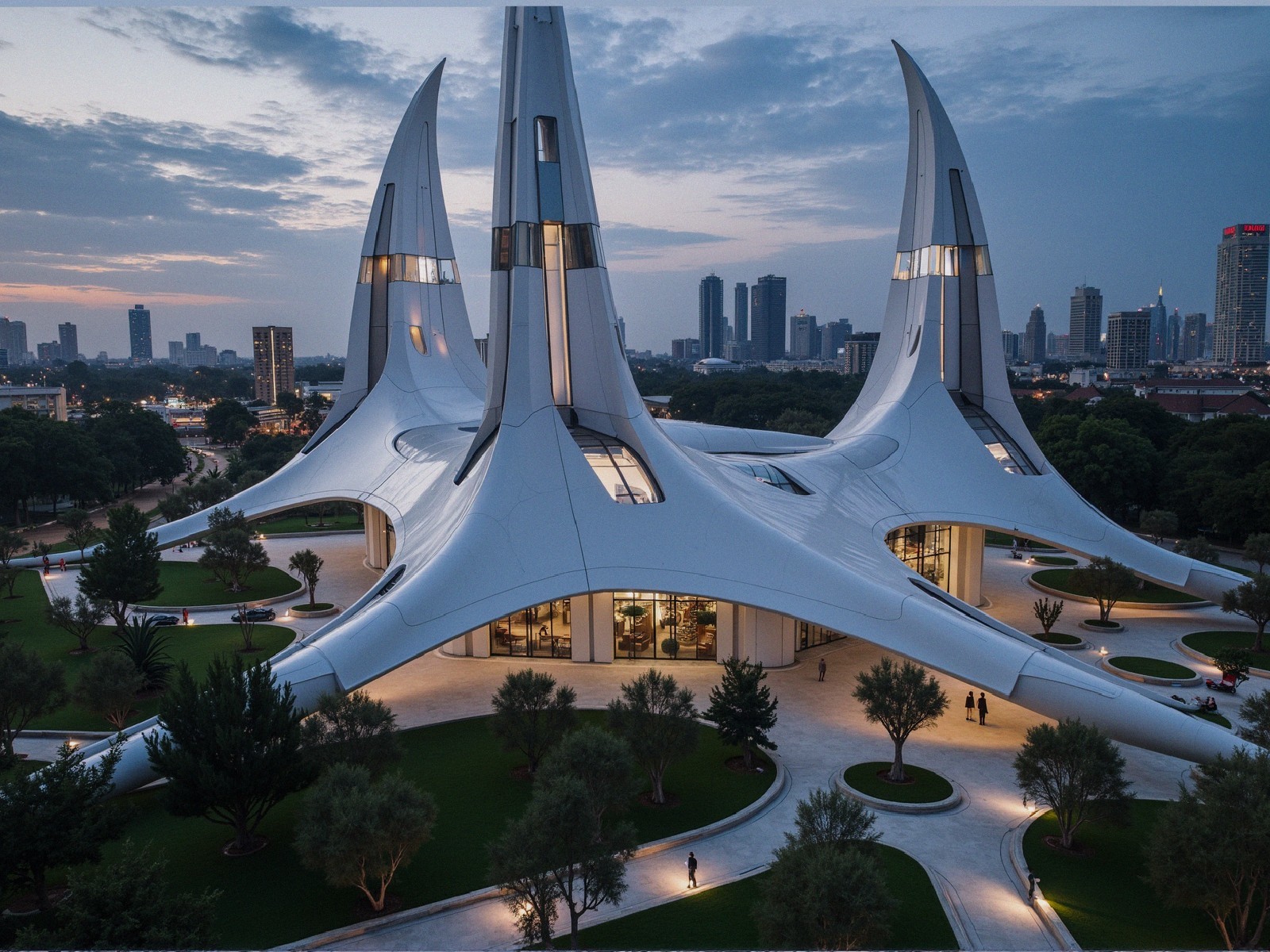 Futuristic Architecture with Curved Lines and Spires