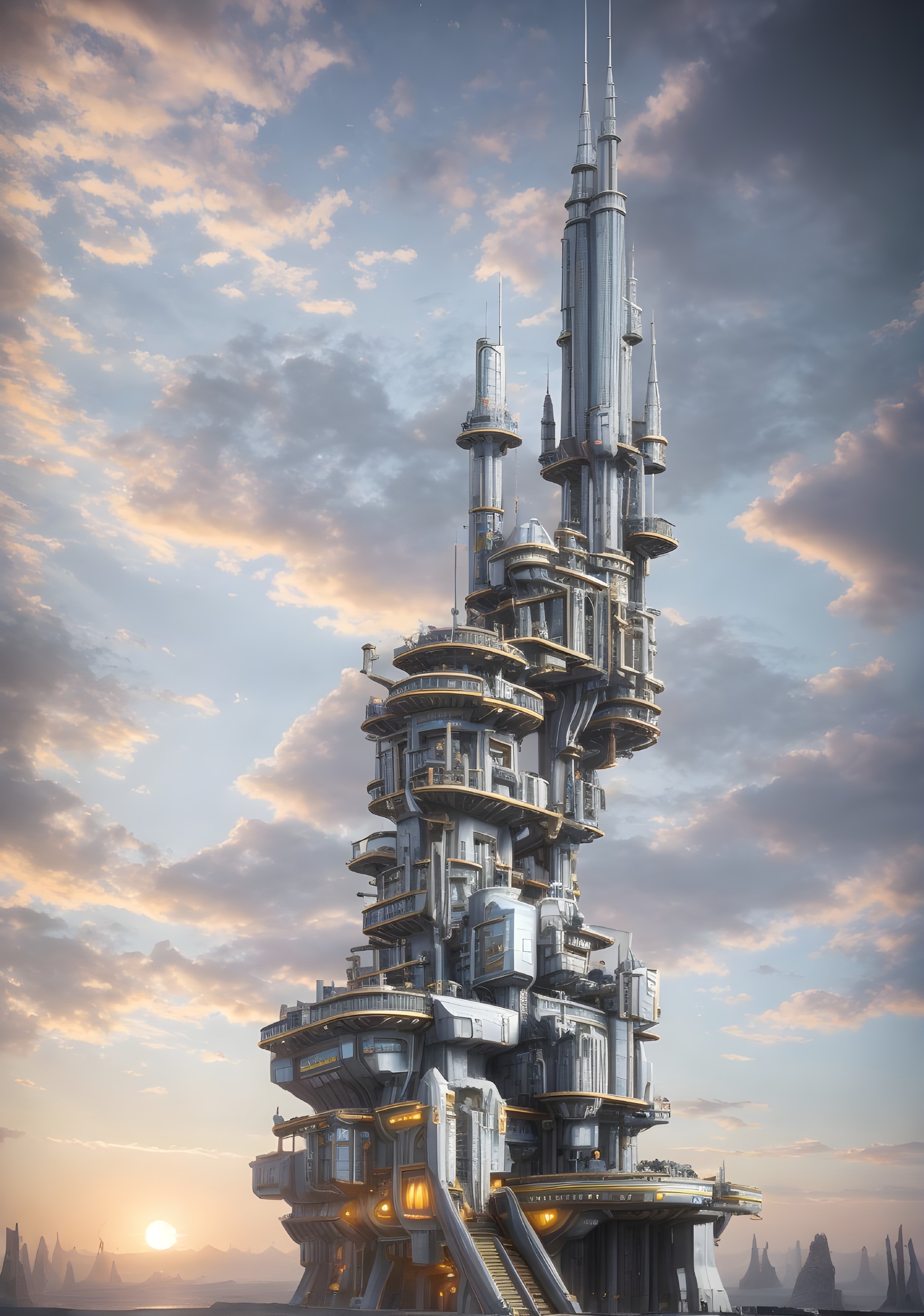 Futuristic Skyscraper with Metallic Surfaces and Balconies