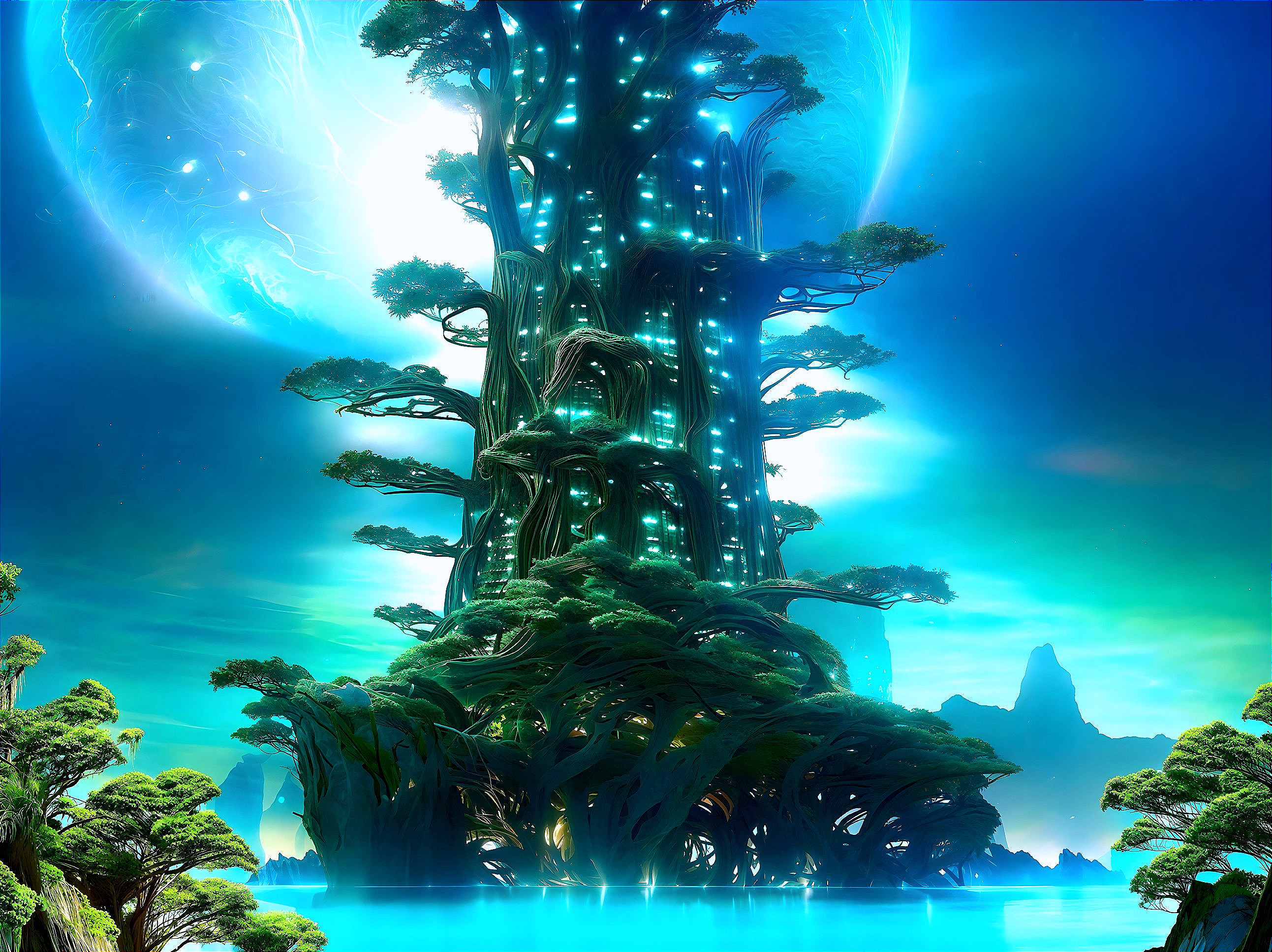 Hyperrealistic Render of a Glowing Tree at Twilight