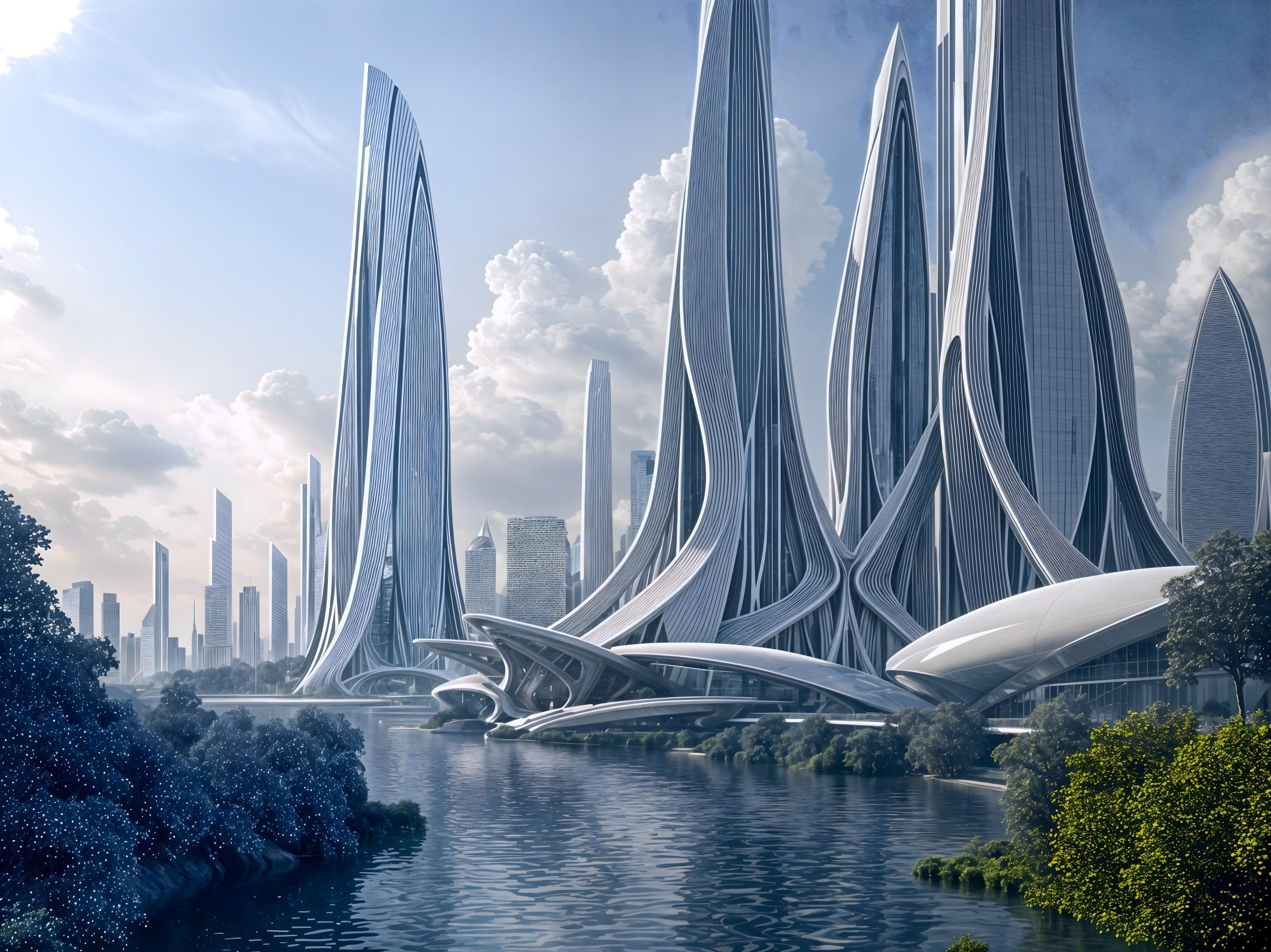 Futuristic cityscape with sleek skyscrapers and river